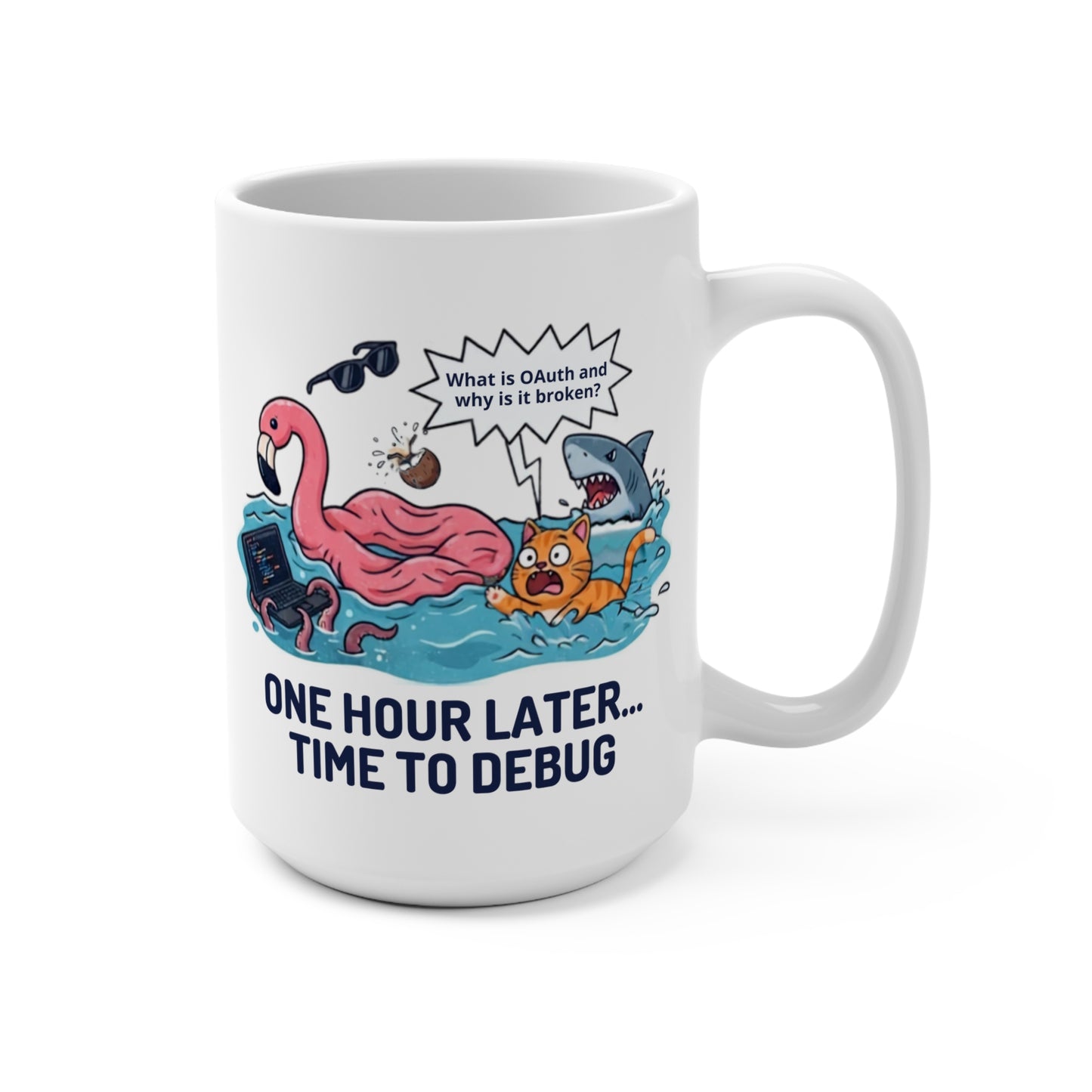 Funny Vibe Coder Mug | Vibe Coding Cat Goes into Chaos......One Hour Later... Time to Debug 15oz Programmer Mug