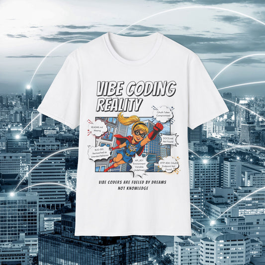 Vibe Coding Reality T-Shirt | Funny Female Senior Dev Super Hero |  Programmer Comic Tee | Vibe Coders are Fueled by Dreams
