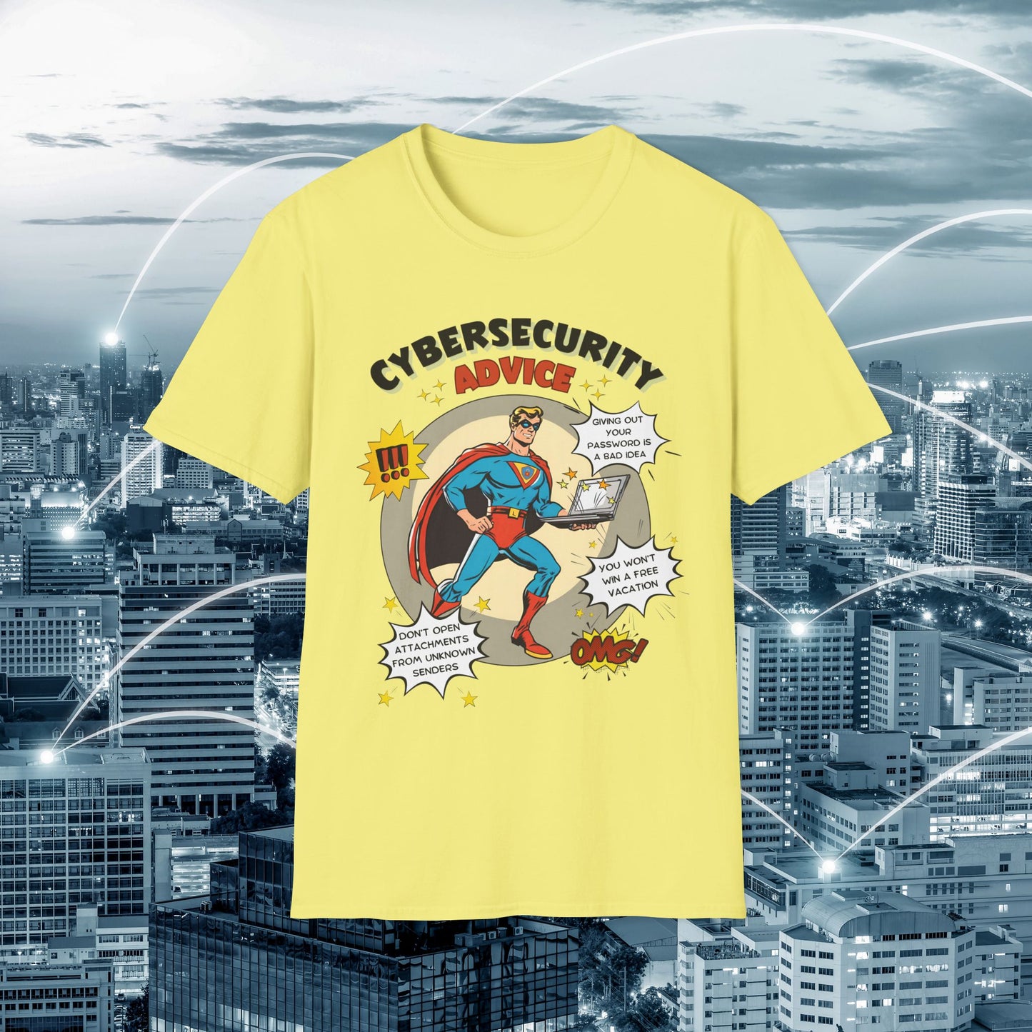 Men in stem Superhero shirt | Male Cybersecurity Advice | Vintage comic style