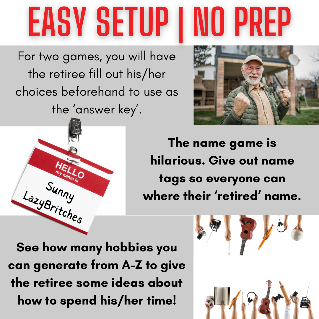 Retirement Party Games: 5 games + BONUS Retirement Name Game | Would you Rather, Before and After, Memory, Alphabet Hobbies  Instant Download