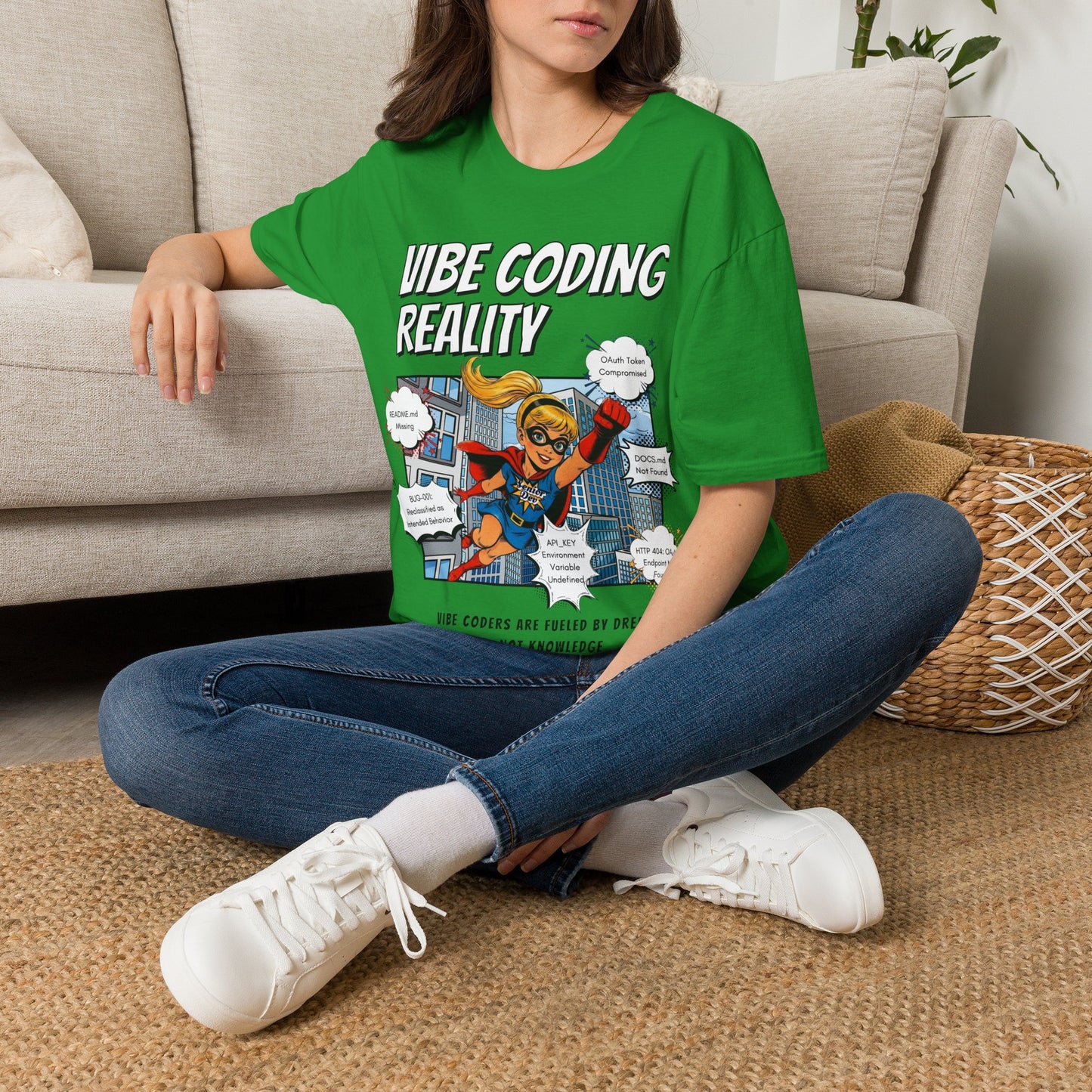 Vibe Coding Reality T-Shirt | Funny Female Senior Dev Super Hero |  Programmer Comic Tee | Vibe Coders are Fueled by Dreams