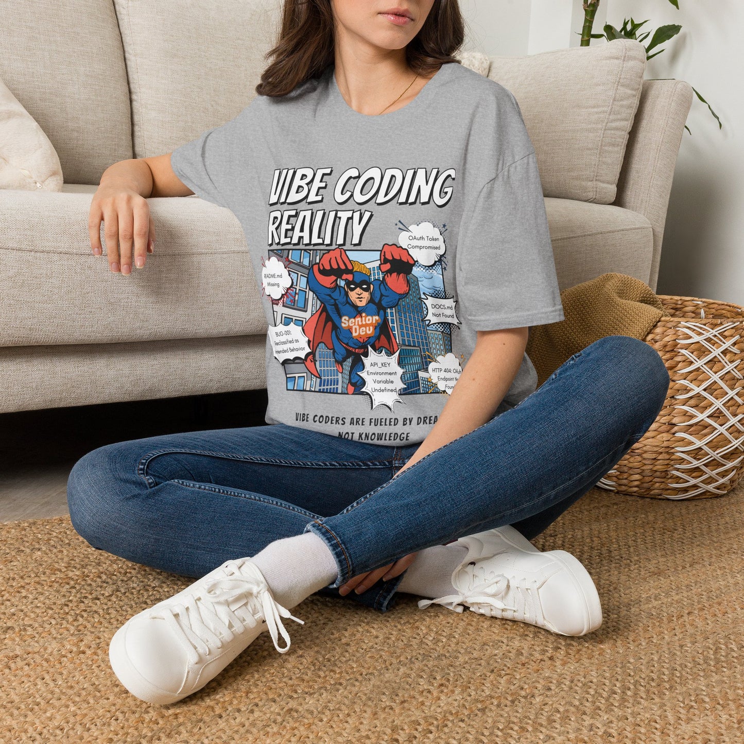 Vibe Coding Reality T-Shirt | Funny Male Senior Dev Super Hero |  Programmer Comic Tee | Vibe Coders are Fueled by Dreams