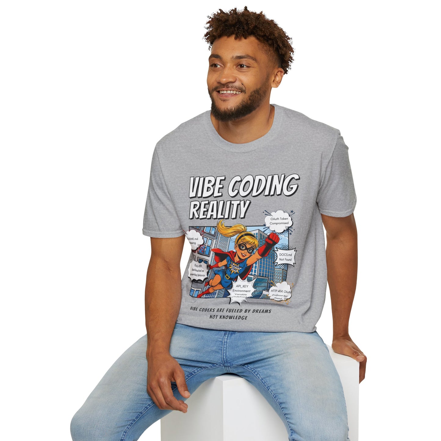 Vibe Coding Reality T-Shirt | Funny Female Senior Dev Super Hero |  Programmer Comic Tee | Vibe Coders are Fueled by Dreams