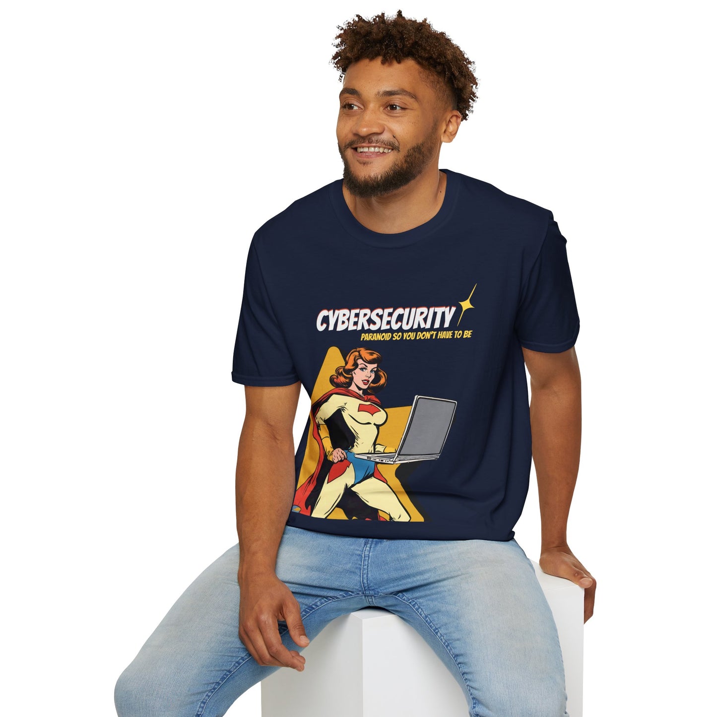Cybersecurity Retro Comic T‑Shirt | "Paranoid So You Don’t Have To Be" | Female Superhero | Women in STEM shirt
