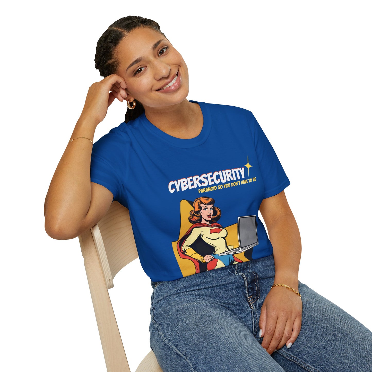 Cybersecurity Retro Comic T‑Shirt | "Paranoid So You Don’t Have To Be" | Female Superhero | Women in STEM shirt
