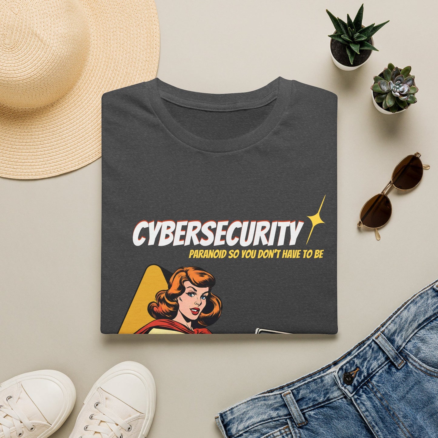 Cybersecurity Retro Comic T‑Shirt | "Paranoid So You Don’t Have To Be" | Female Superhero | Women in STEM shirt