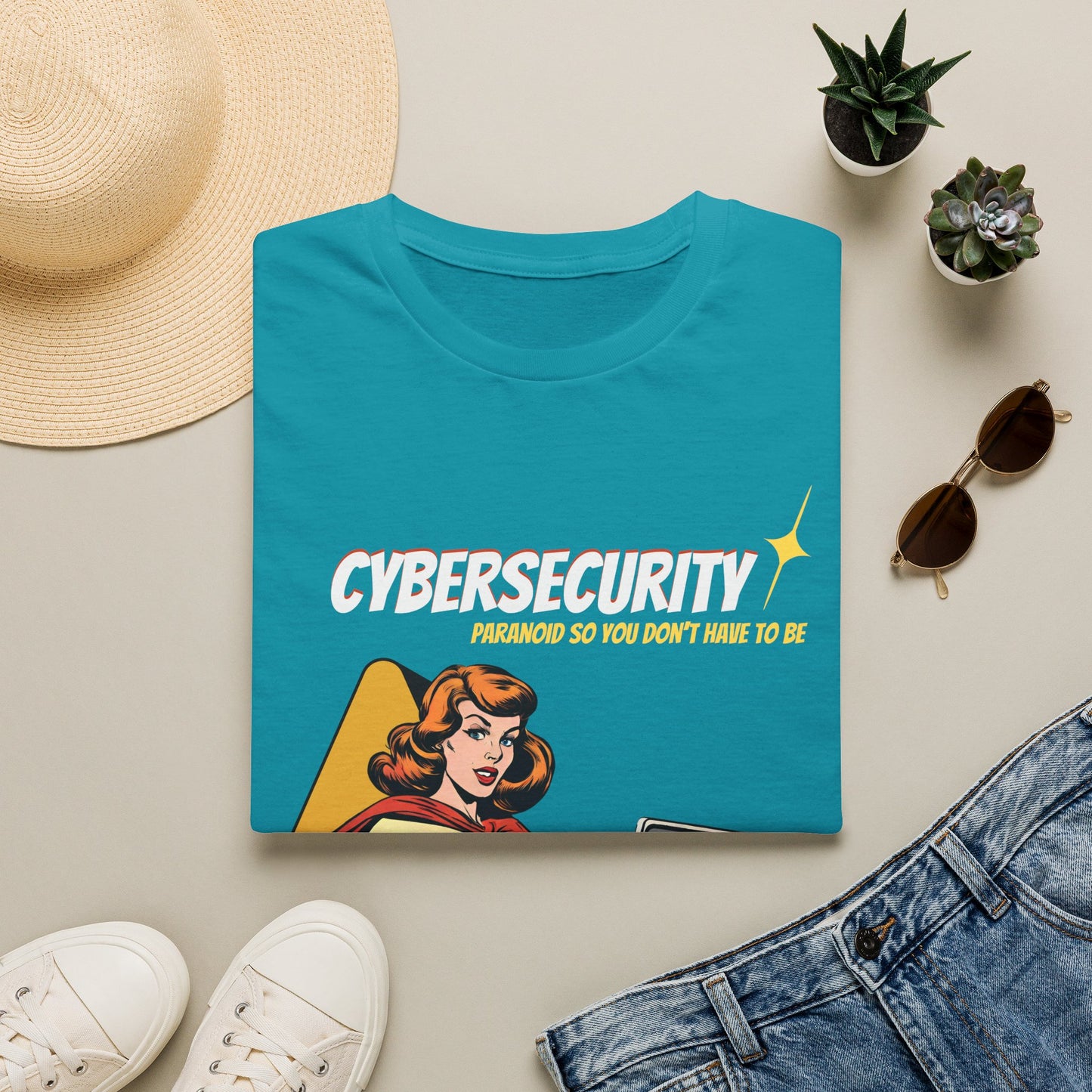 Cybersecurity Retro Comic T‑Shirt | "Paranoid So You Don’t Have To Be" | Female Superhero | Women in STEM shirt