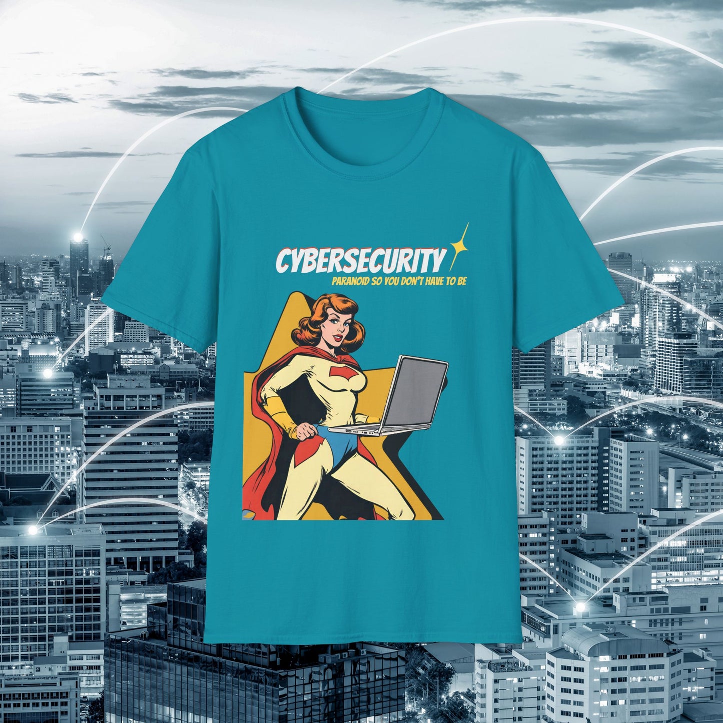 Cybersecurity Retro Comic T‑Shirt | "Paranoid So You Don’t Have To Be" | Female Superhero | Women in STEM shirt