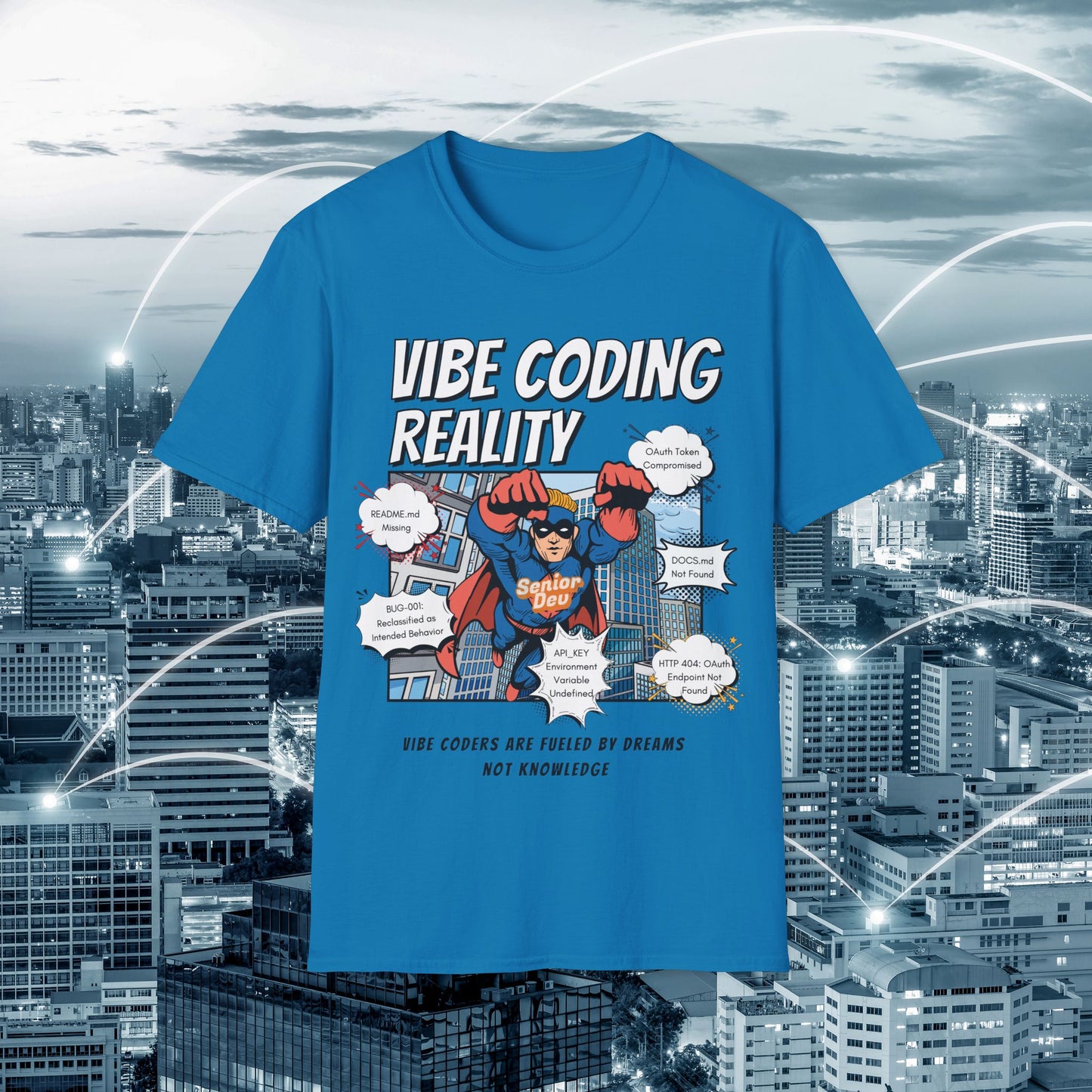 Vibe Coding Reality T-Shirt | Funny Male Senior Dev Super Hero |  Programmer Comic Tee | Vibe Coders are Fueled by Dreams