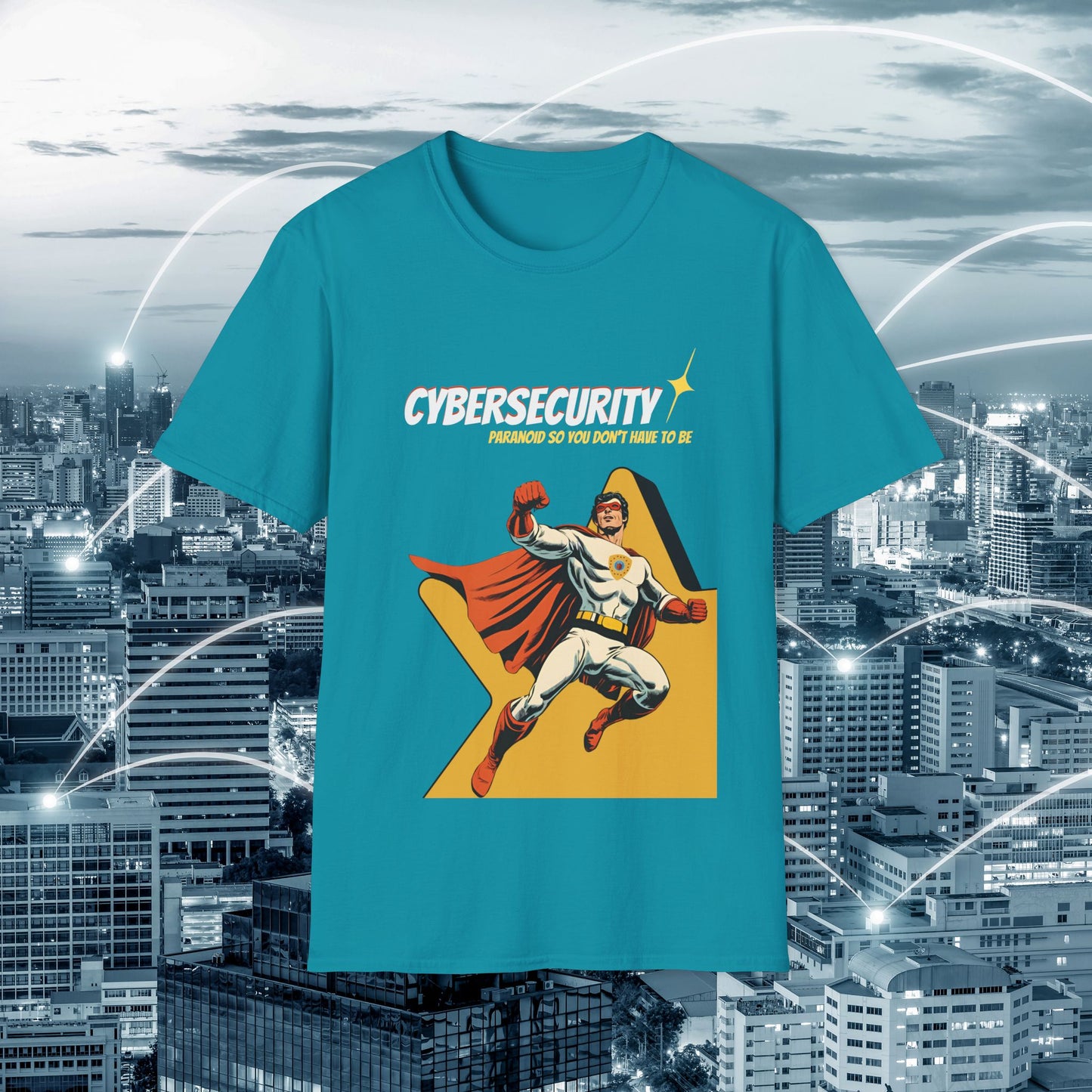 Cybersecurity Retro Comic T‑Shirt | "Paranoid So You Don’t Have To Be" | Male Superhero | Men in STEM shirt