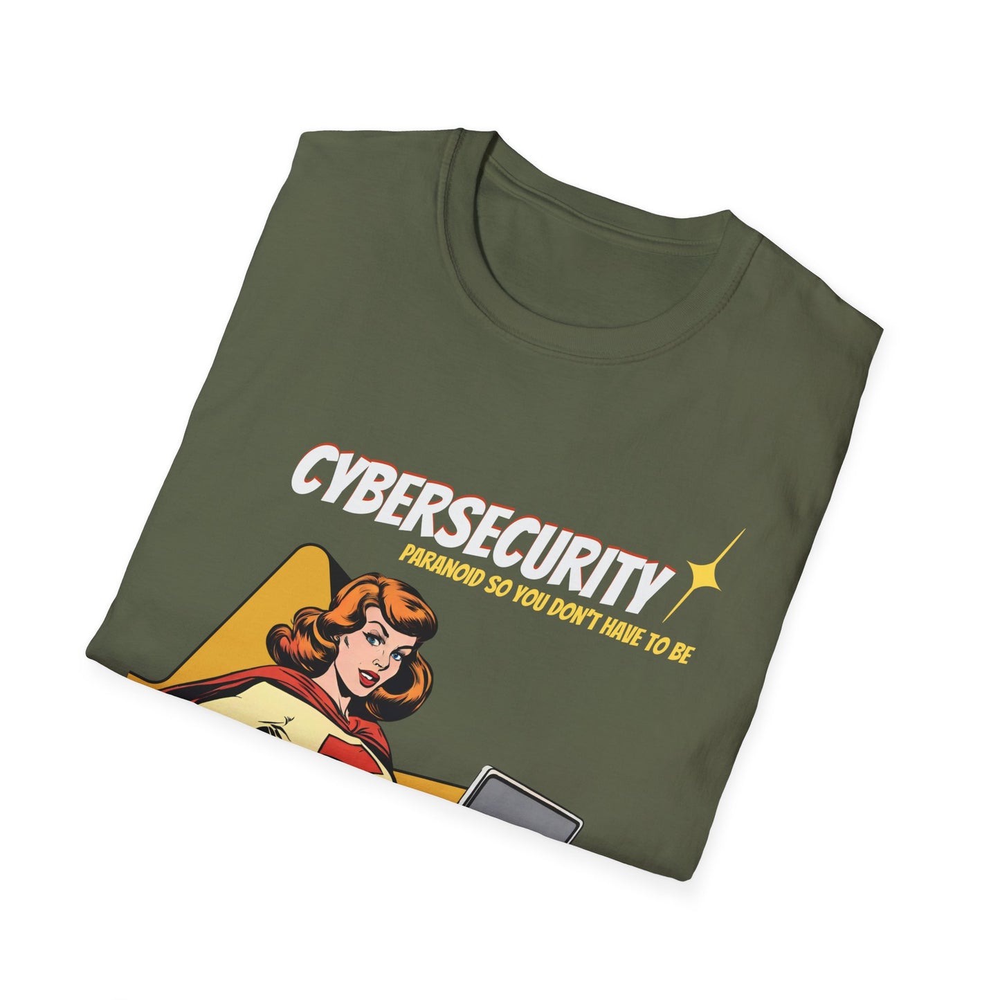 Cybersecurity Retro Comic T‑Shirt | "Paranoid So You Don’t Have To Be" | Female Superhero | Women in STEM shirt