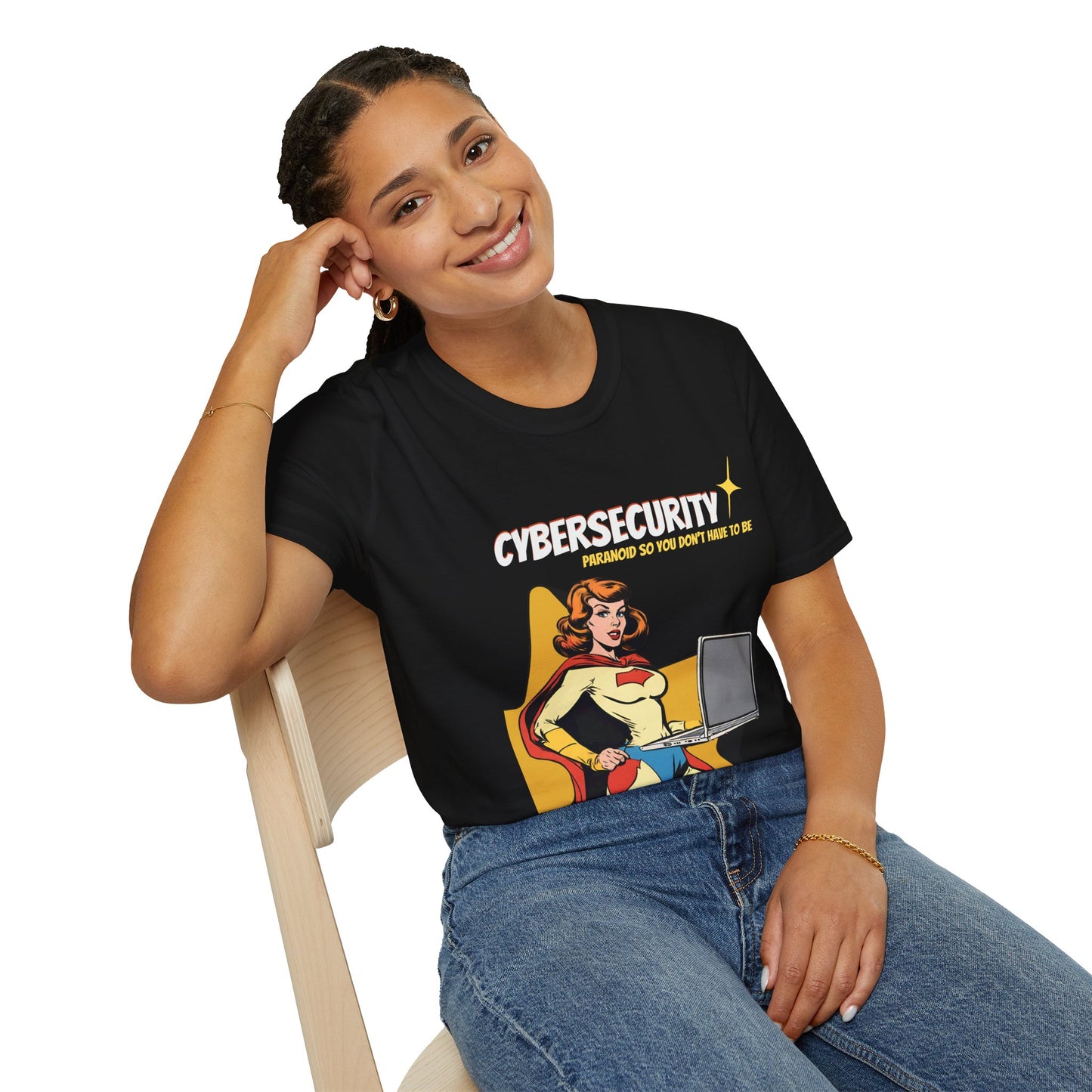 Cybersecurity Retro Comic T‑Shirt | "Paranoid So You Don’t Have To Be" | Female Superhero | Women in STEM shirt