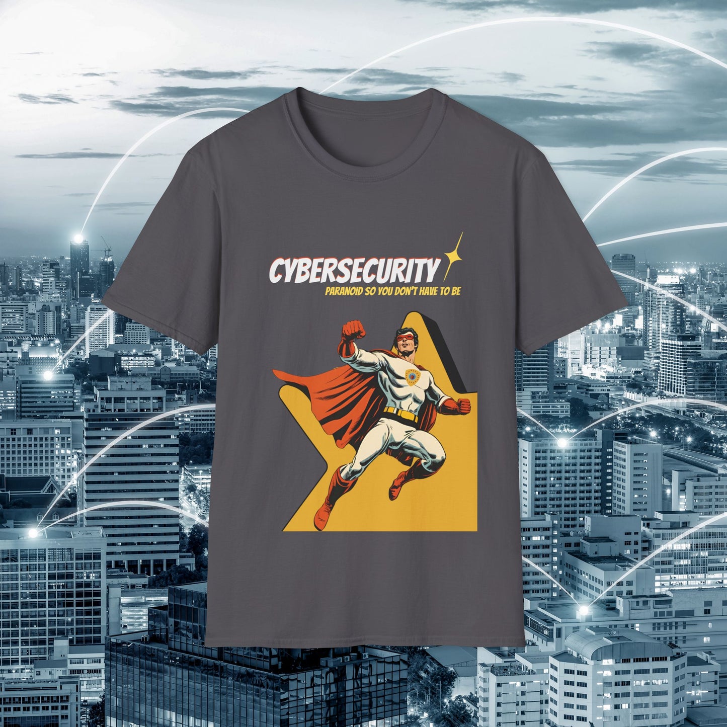 Cybersecurity Retro Comic T‑Shirt | "Paranoid So You Don’t Have To Be" | Male Superhero | Men in STEM shirt