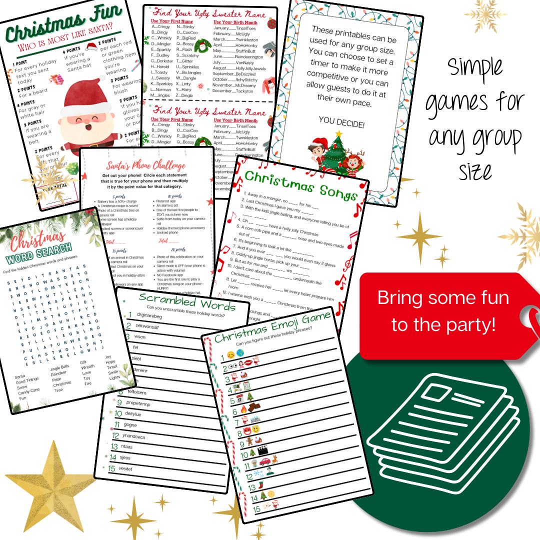 Christmas Games Set 4: 10 Printables for Office or Family Parties | Ugly Sweater Name | Who is like Santa | Cell Phone | Instant Download
