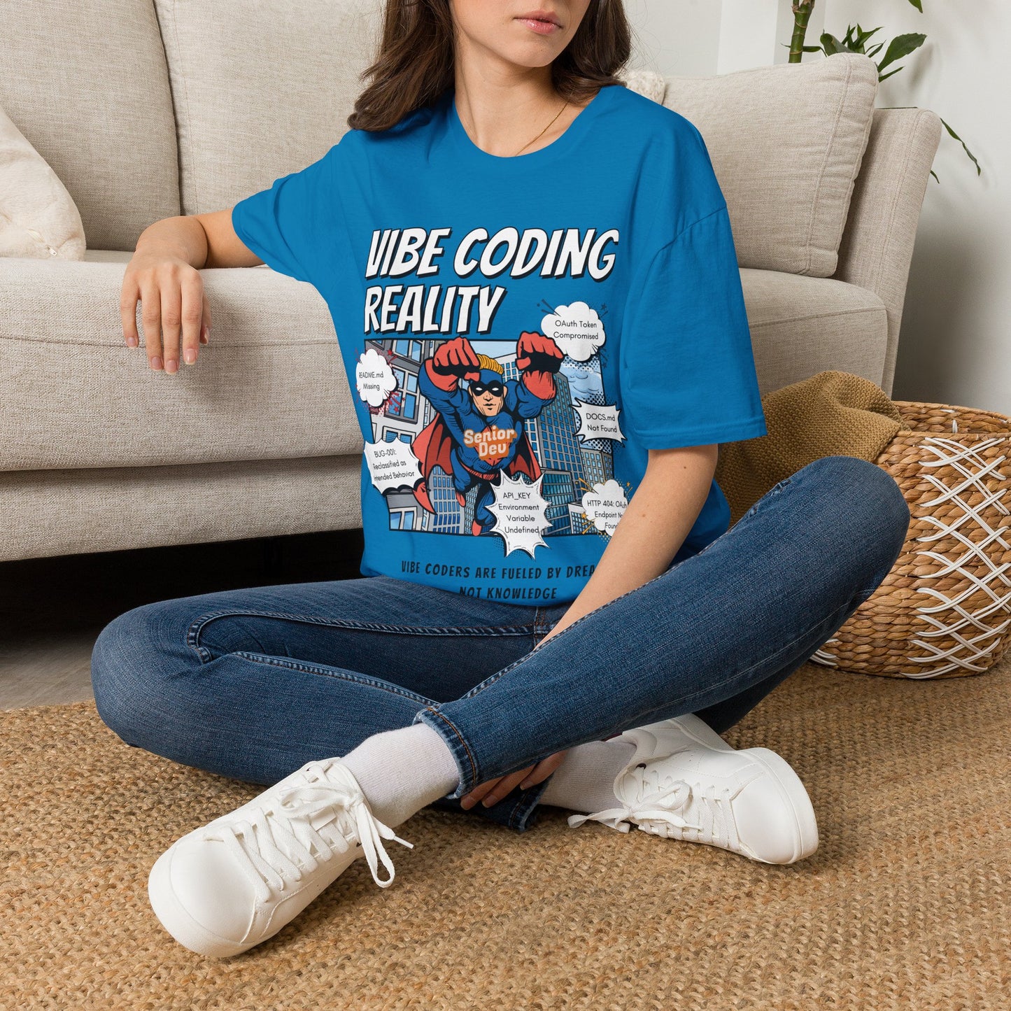 Vibe Coding Reality T-Shirt | Funny Male Senior Dev Super Hero |  Programmer Comic Tee | Vibe Coders are Fueled by Dreams