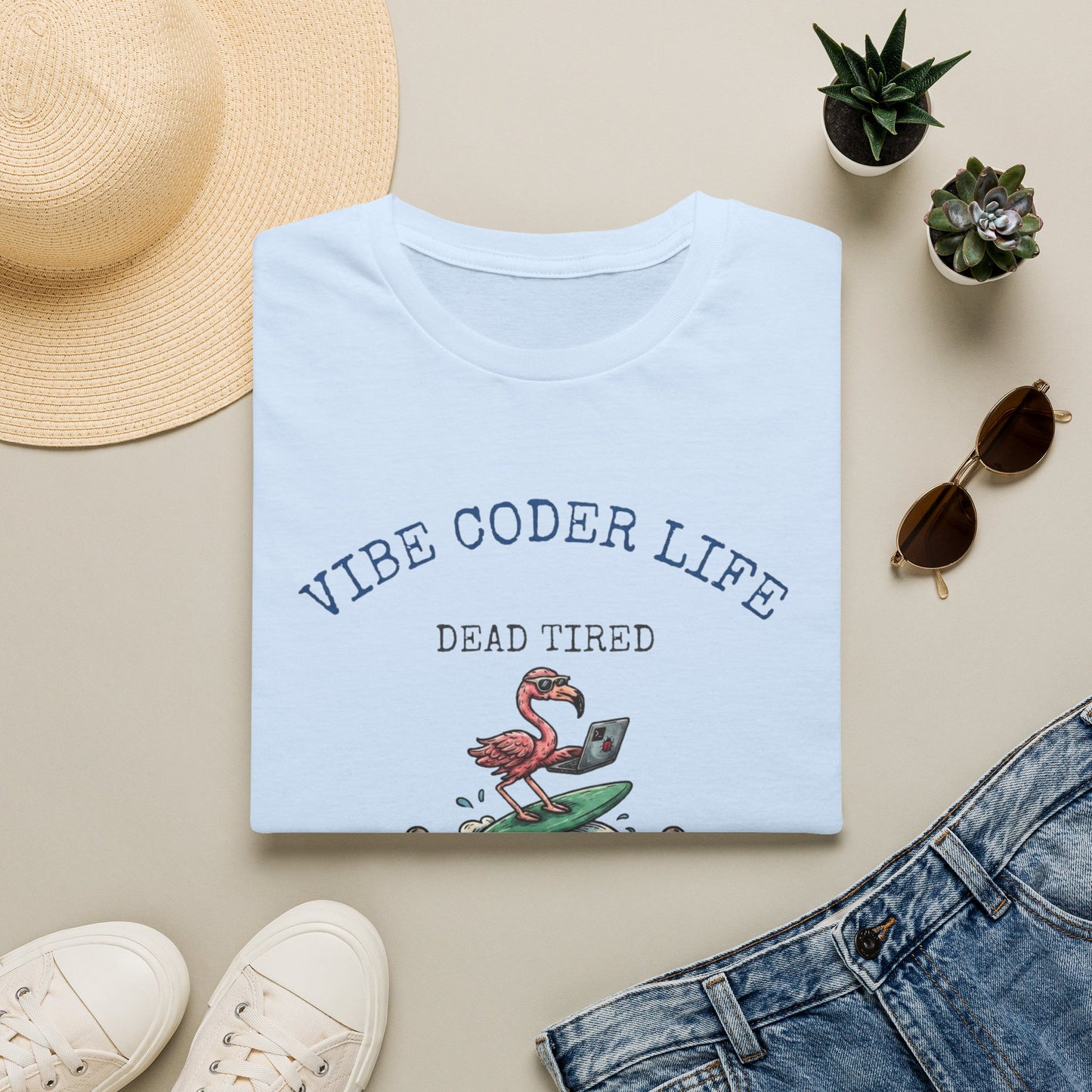 Vibe Coder Life Dead Tired Still Prompting Shirt | Flamingo on Surfboard Vibe Coding | Funny Tech shirt