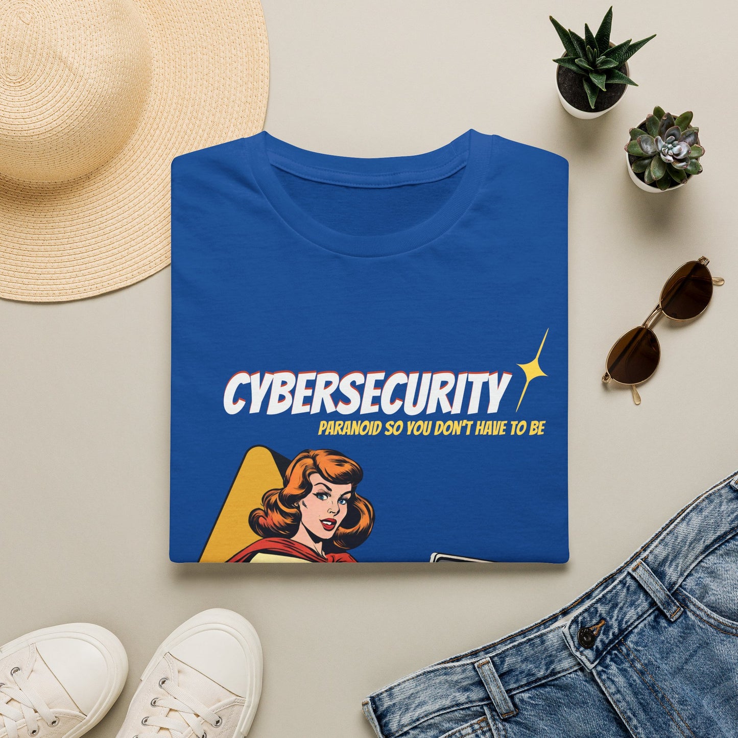 Cybersecurity Retro Comic T‑Shirt | "Paranoid So You Don’t Have To Be" | Female Superhero | Women in STEM shirt