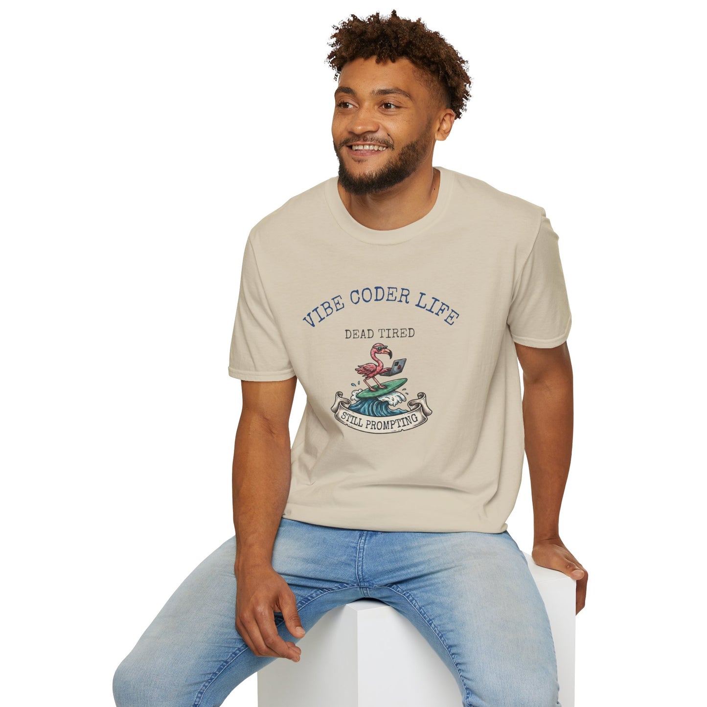 Vibe Coder Life Dead Tired Still Prompting Shirt | Flamingo on Surfboard Vibe Coding | Funny Tech shirt