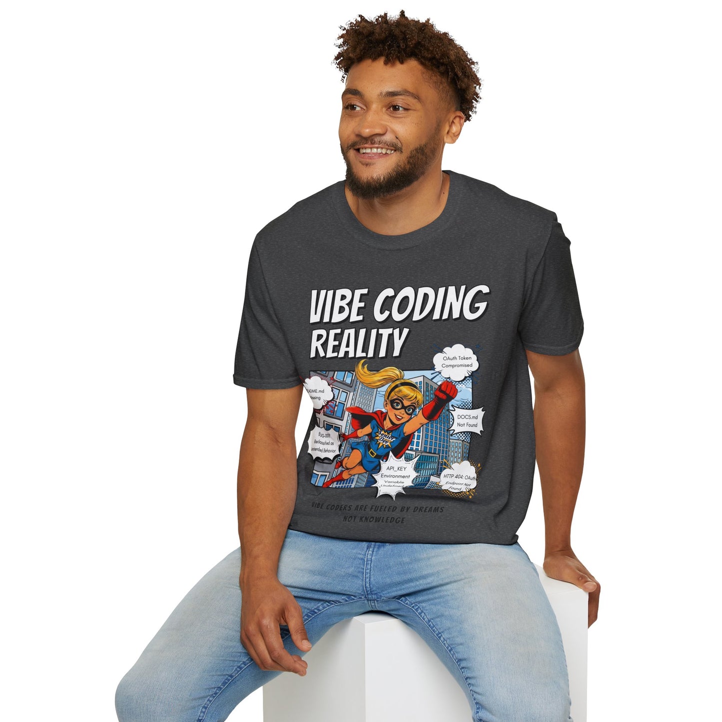 Vibe Coding Reality T-Shirt | Funny Female Senior Dev Super Hero |  Programmer Comic Tee | Vibe Coders are Fueled by Dreams