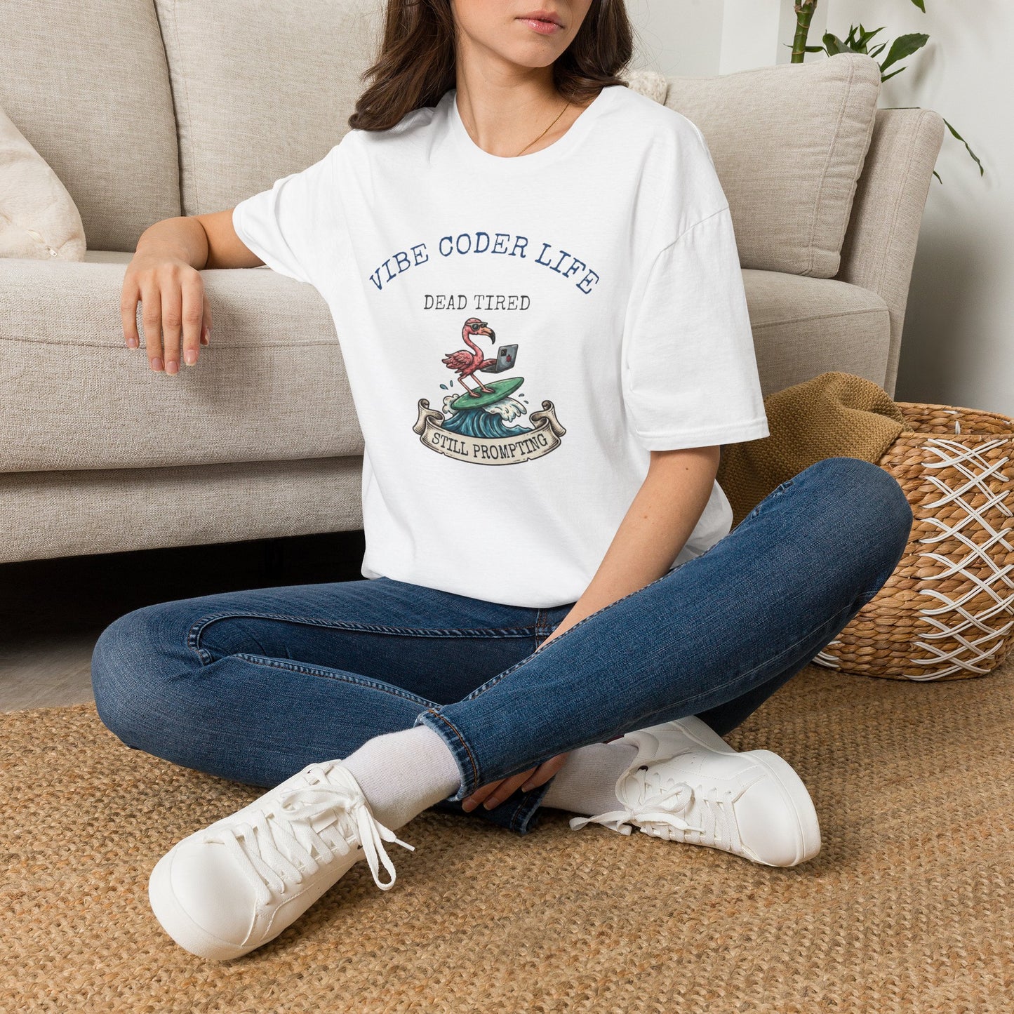 Vibe Coder Life Dead Tired Still Prompting Shirt | Flamingo on Surfboard Vibe Coding | Funny Tech shirt