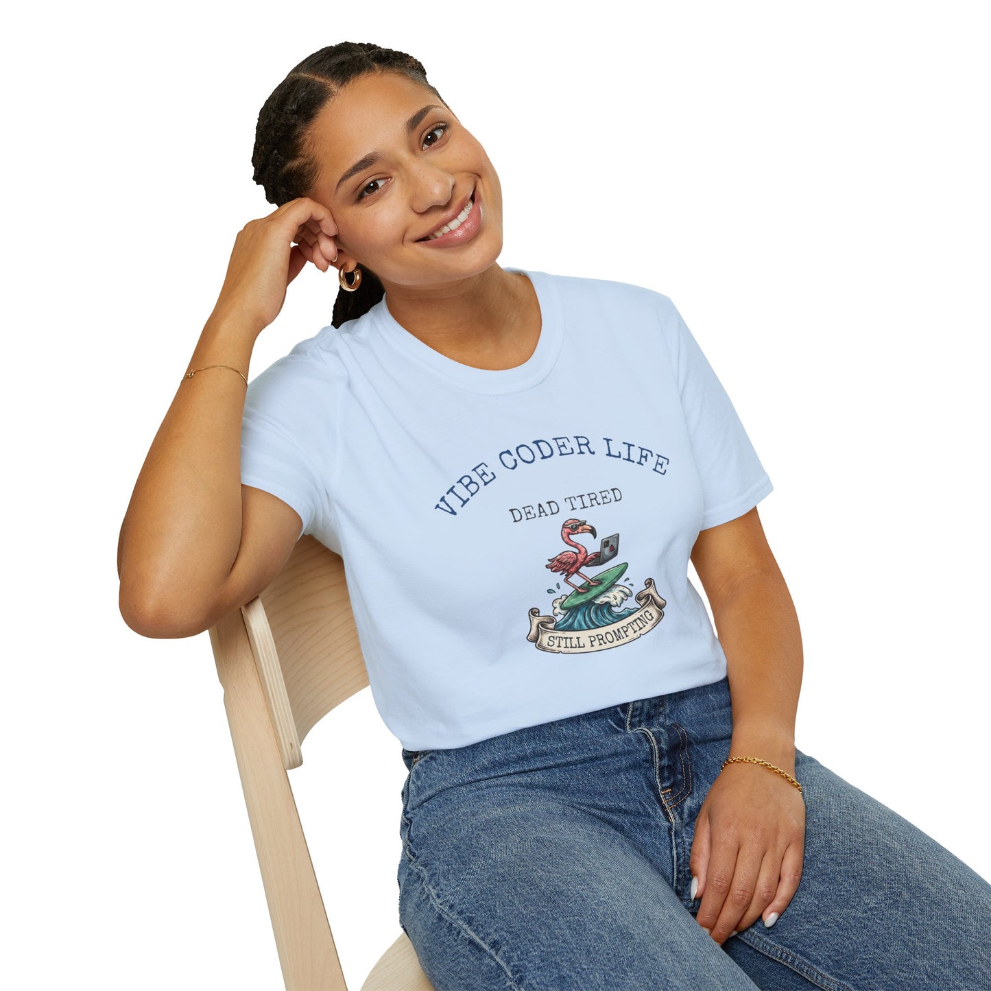 Vibe Coder Life Dead Tired Still Prompting Shirt | Flamingo on Surfboard Vibe Coding | Funny Tech shirt