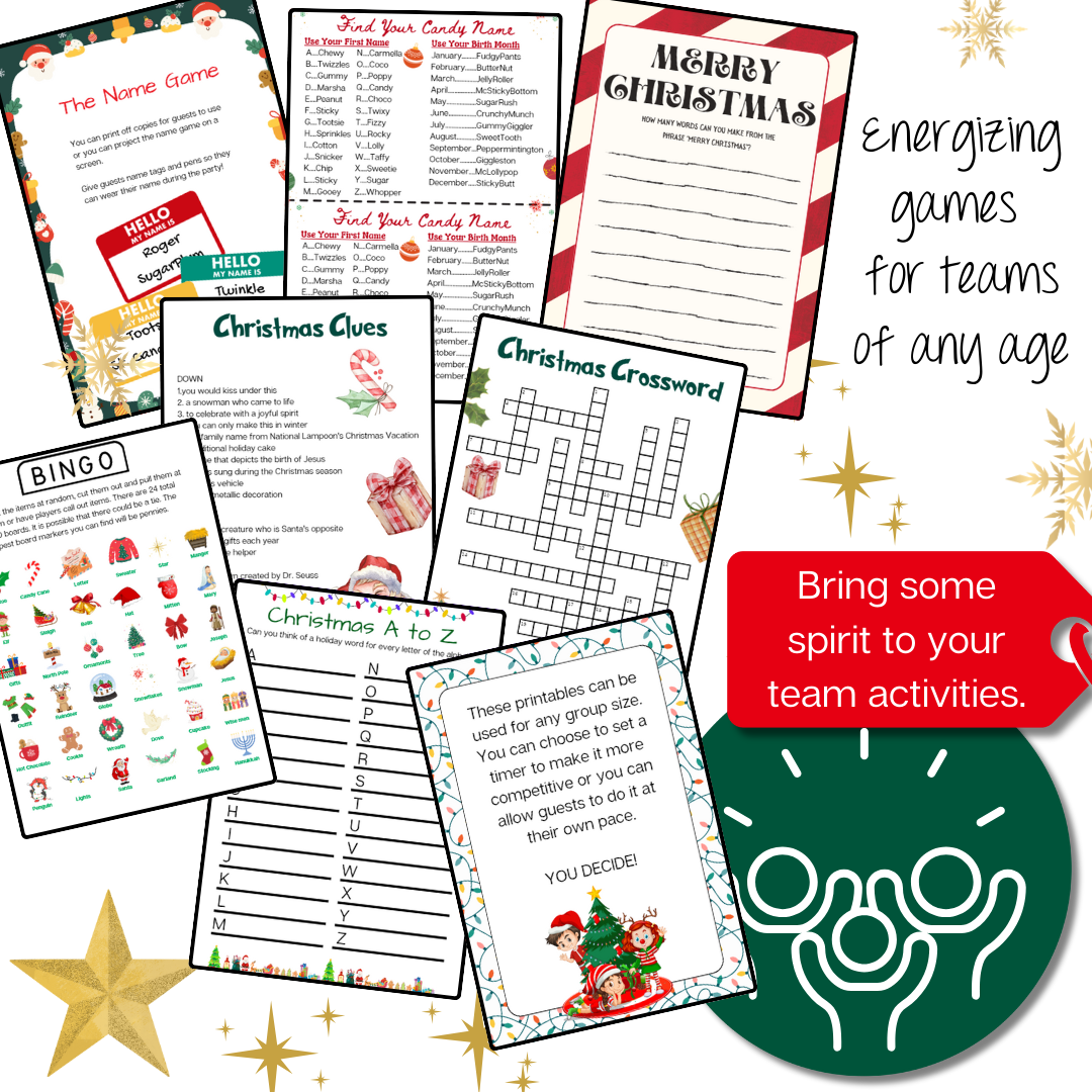 Christmas Games Set 5: 5 Printables for Office or Family Holiday Party | 30 Bingo Cards | Find Candy Name | Christmas Crossword | Instant Download