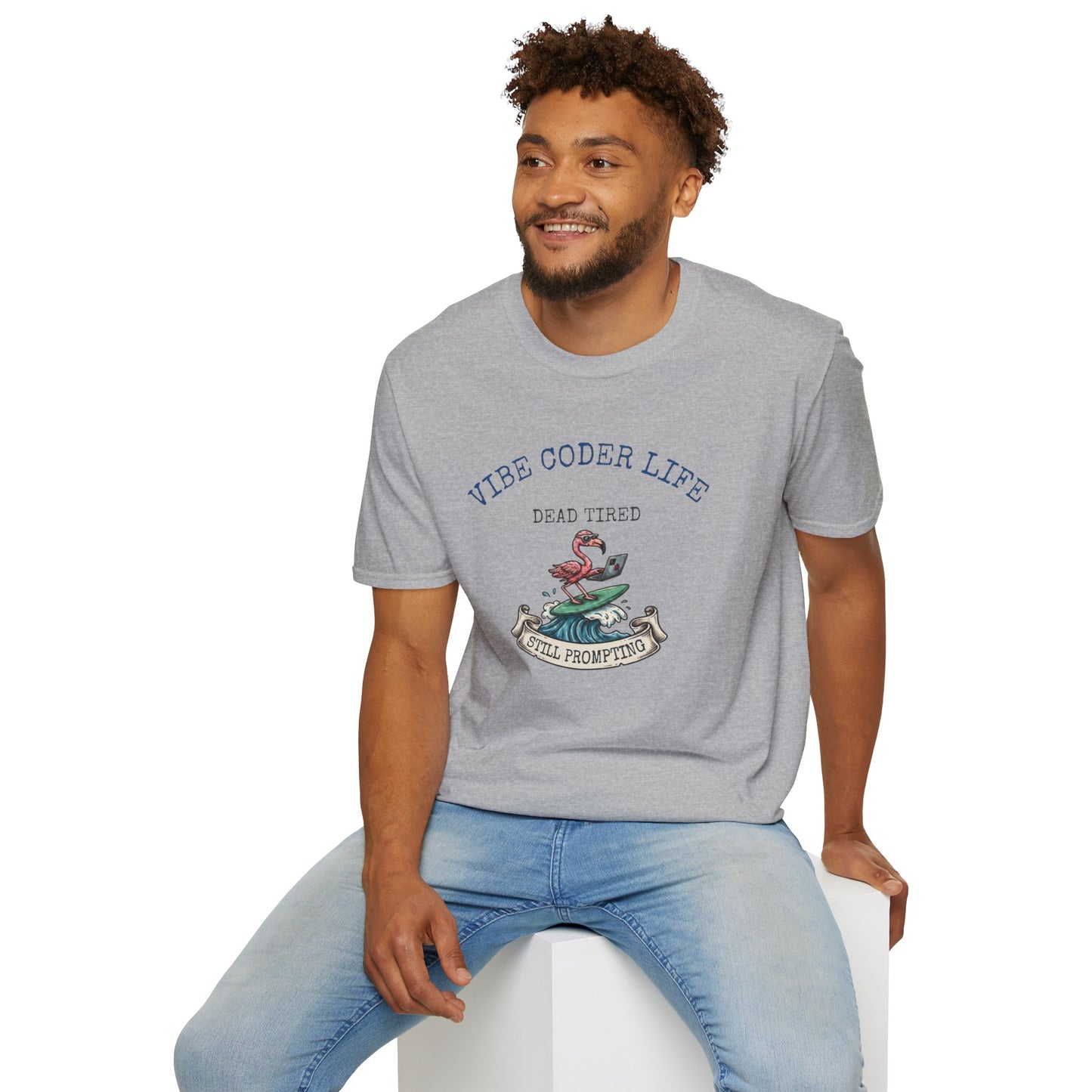 Vibe Coder Life Dead Tired Still Prompting Shirt | Flamingo on Surfboard Vibe Coding | Funny Tech shirt