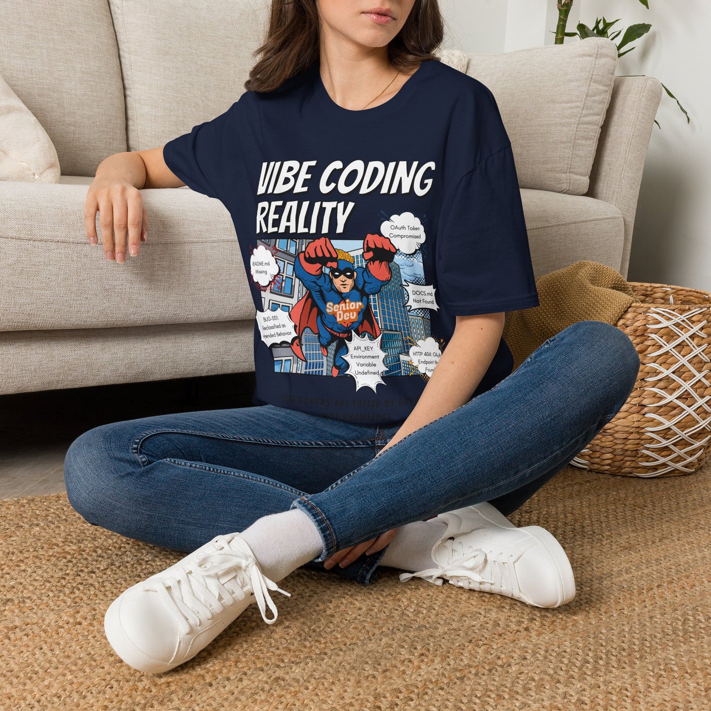 Vibe Coding Reality T-Shirt | Funny Male Senior Dev Super Hero |  Programmer Comic Tee | Vibe Coders are Fueled by Dreams