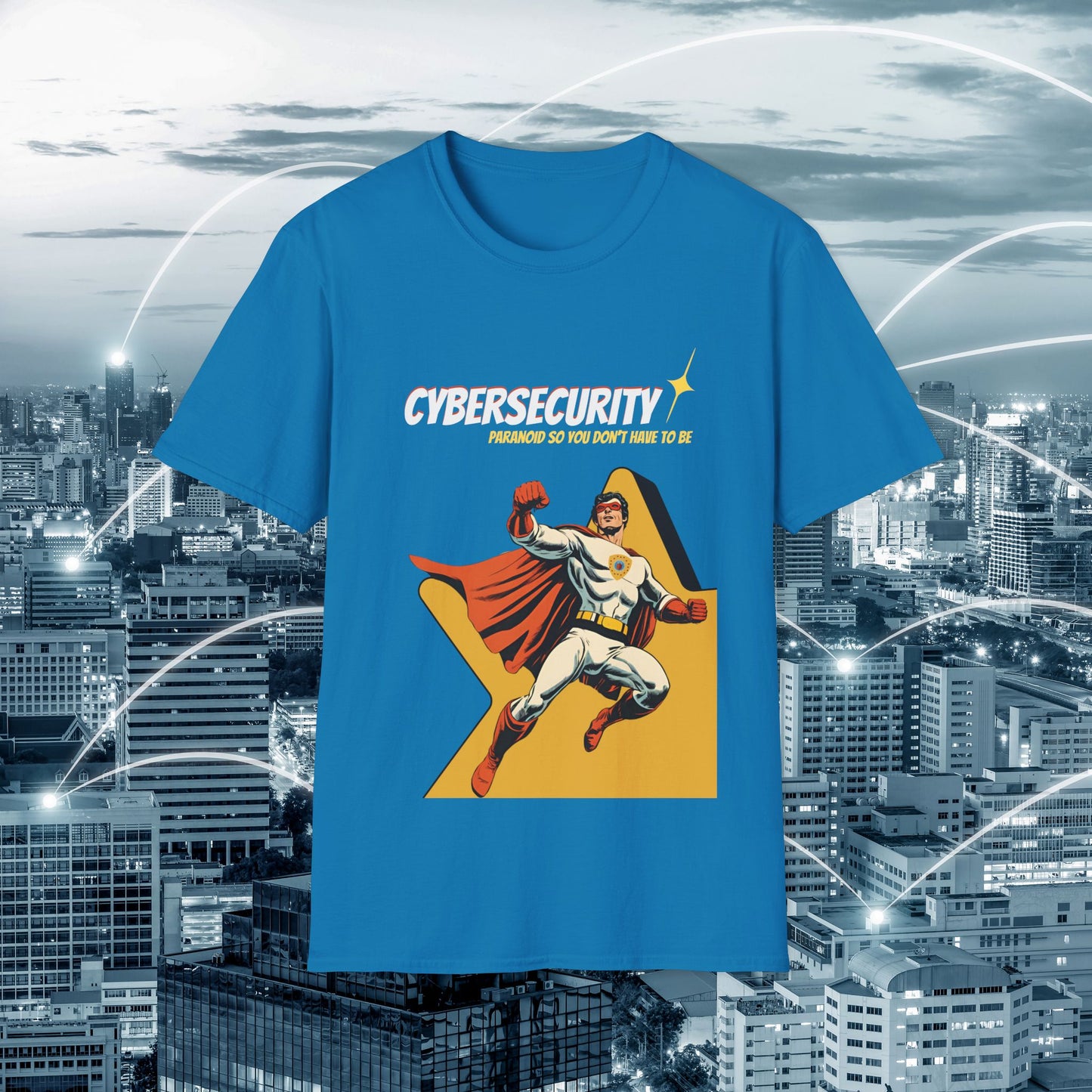 Cybersecurity Retro Comic T‑Shirt | "Paranoid So You Don’t Have To Be" | Male Superhero | Men in STEM shirt