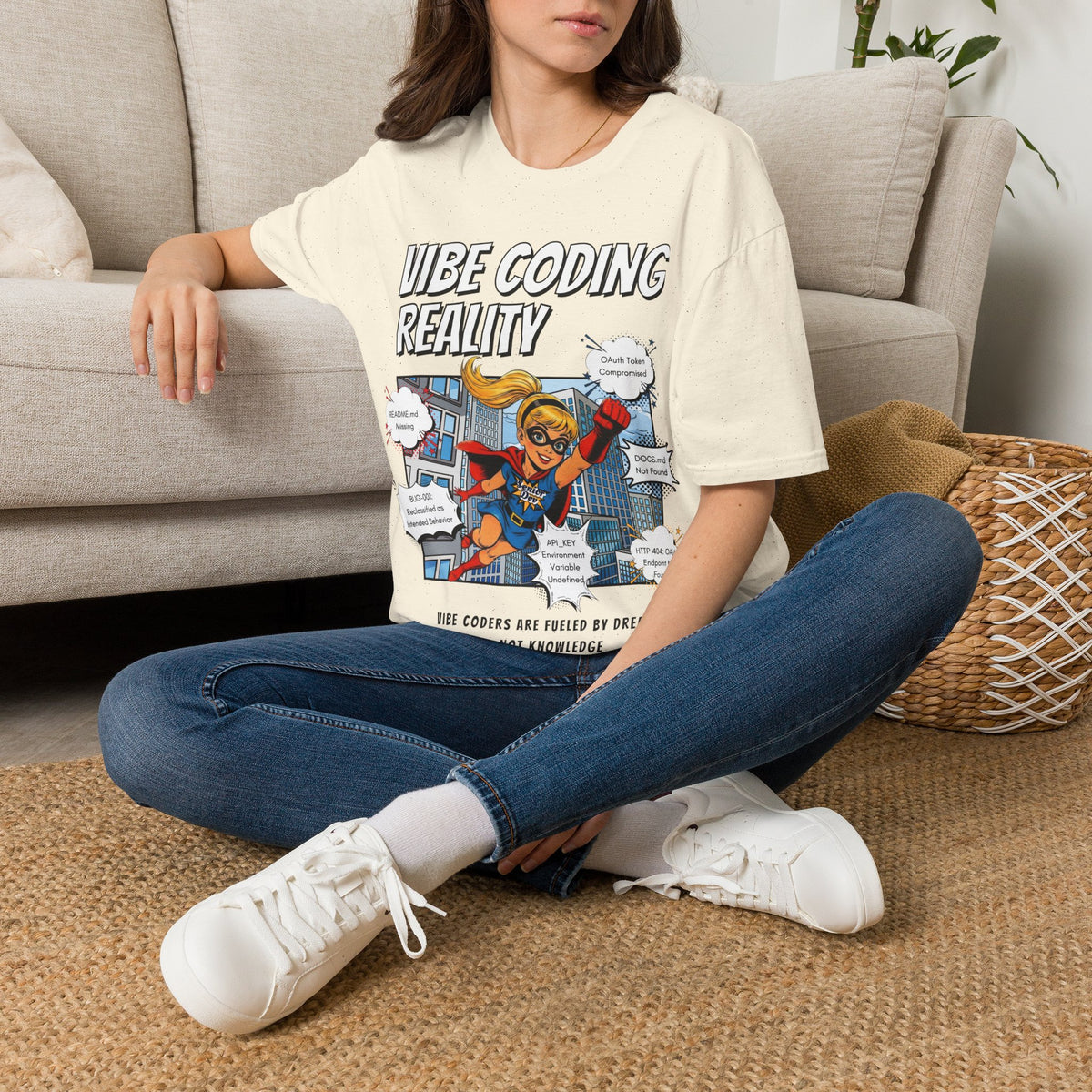 Vibe Coding Reality T-Shirt | Funny Female Senior Dev Super Hero |  Programmer Comic Tee | Vibe Coders are Fueled by Dreams