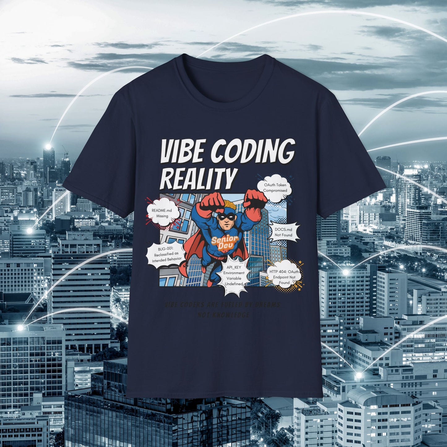 Vibe Coding Reality T-Shirt | Funny Male Senior Dev Super Hero |  Programmer Comic Tee | Vibe Coders are Fueled by Dreams