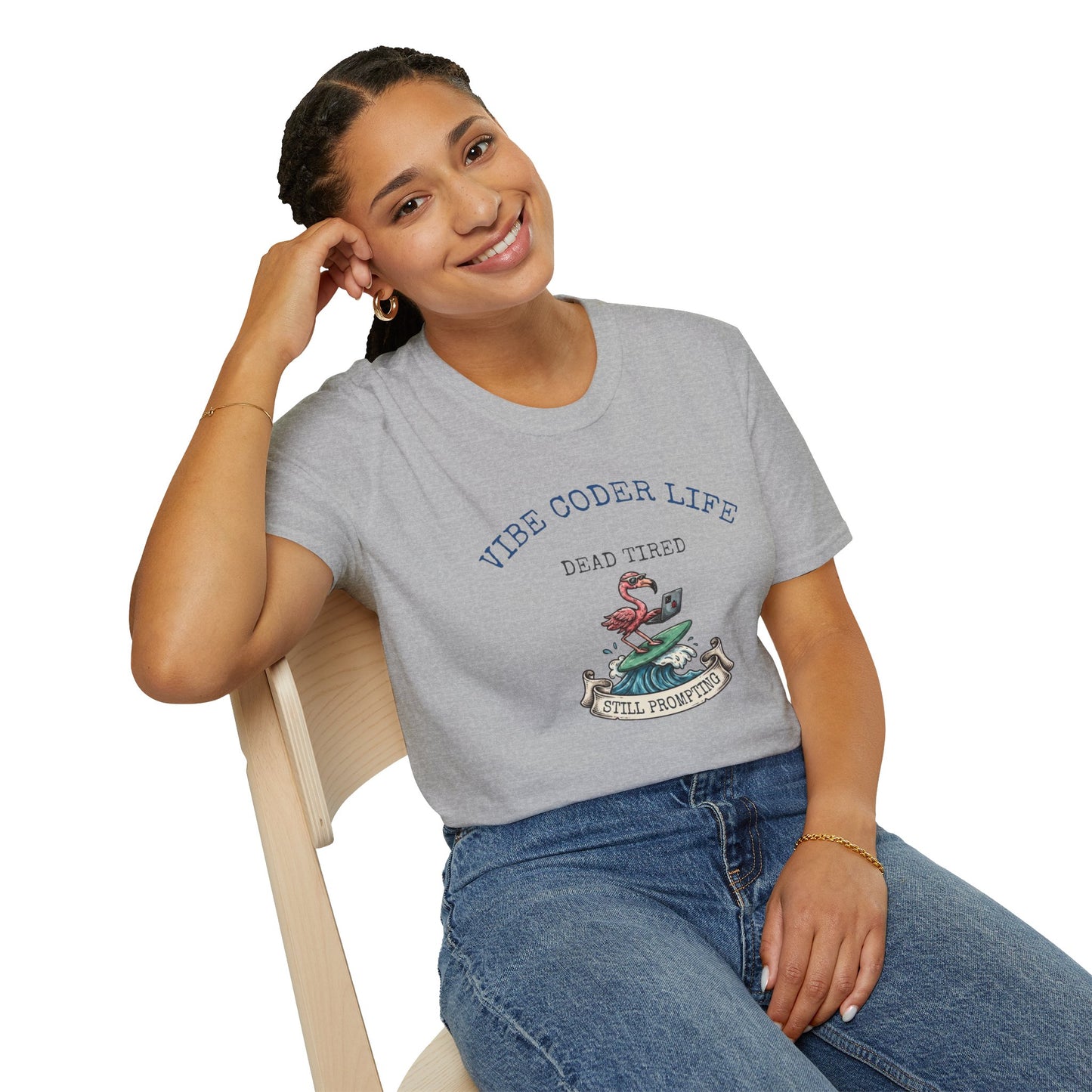 Vibe Coder Life Dead Tired Still Prompting Shirt | Flamingo on Surfboard Vibe Coding | Funny Tech shirt