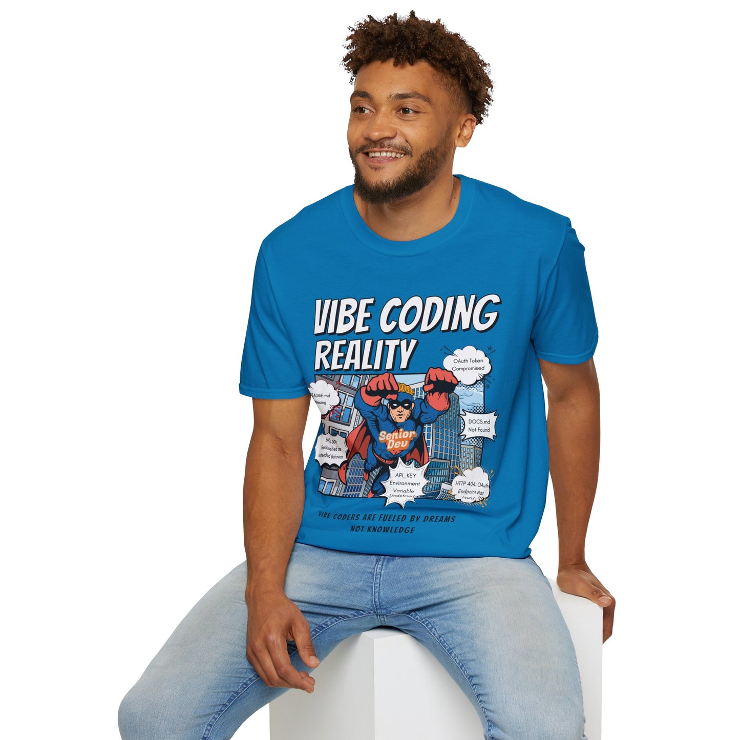 Vibe Coding Reality T-Shirt | Funny Male Senior Dev Super Hero |  Programmer Comic Tee | Vibe Coders are Fueled by Dreams