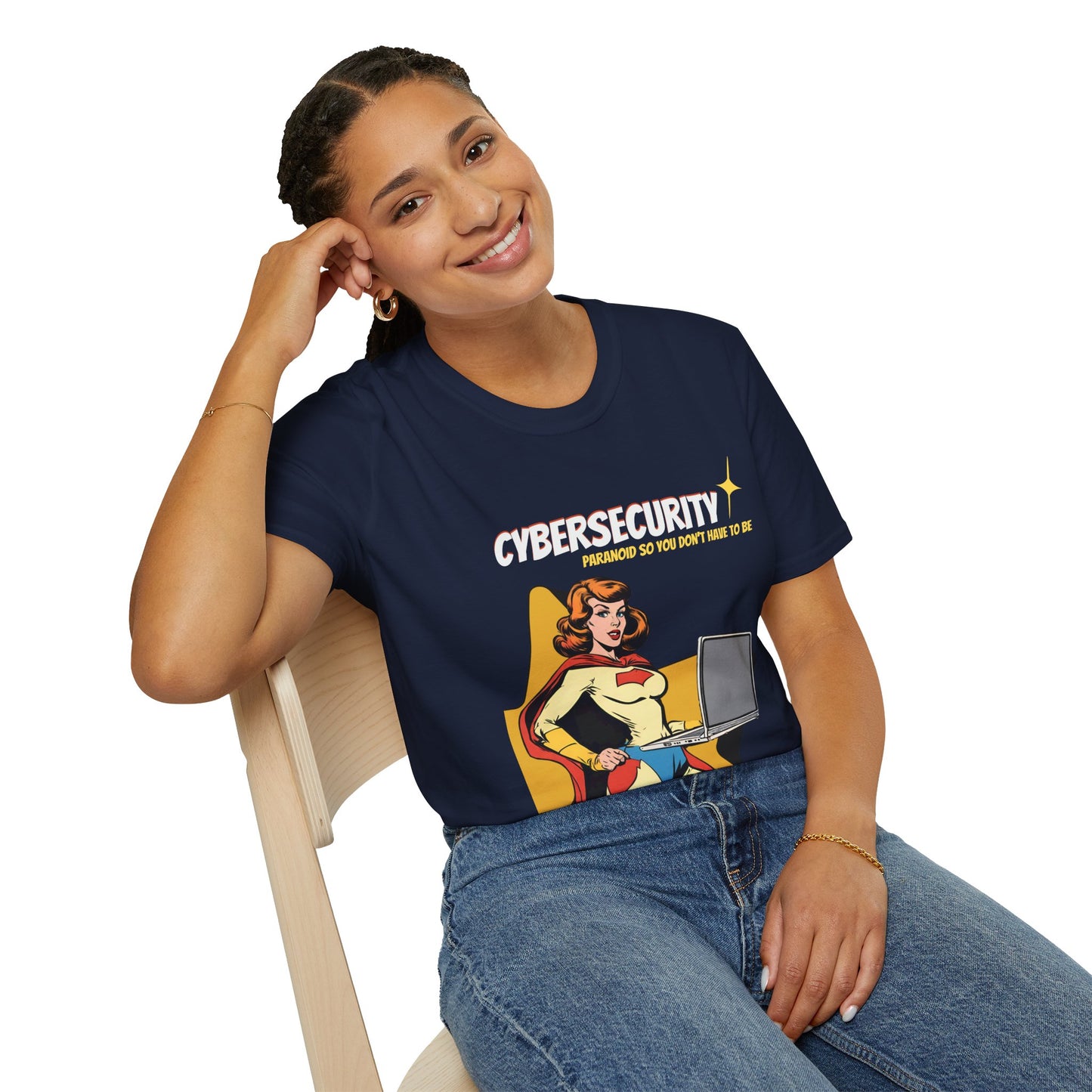 Cybersecurity Retro Comic T‑Shirt | "Paranoid So You Don’t Have To Be" | Female Superhero | Women in STEM shirt