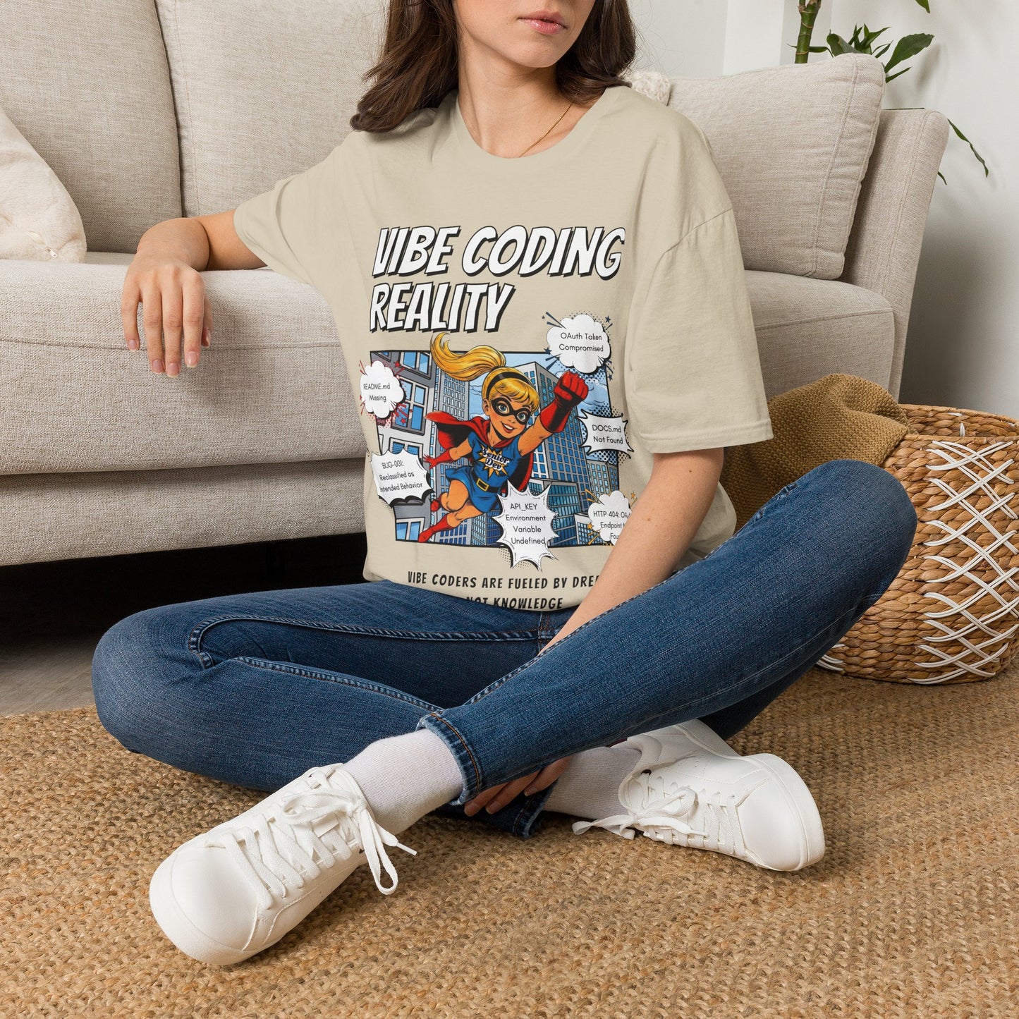 Vibe Coding Reality T-Shirt | Funny Female Senior Dev Super Hero |  Programmer Comic Tee | Vibe Coders are Fueled by Dreams