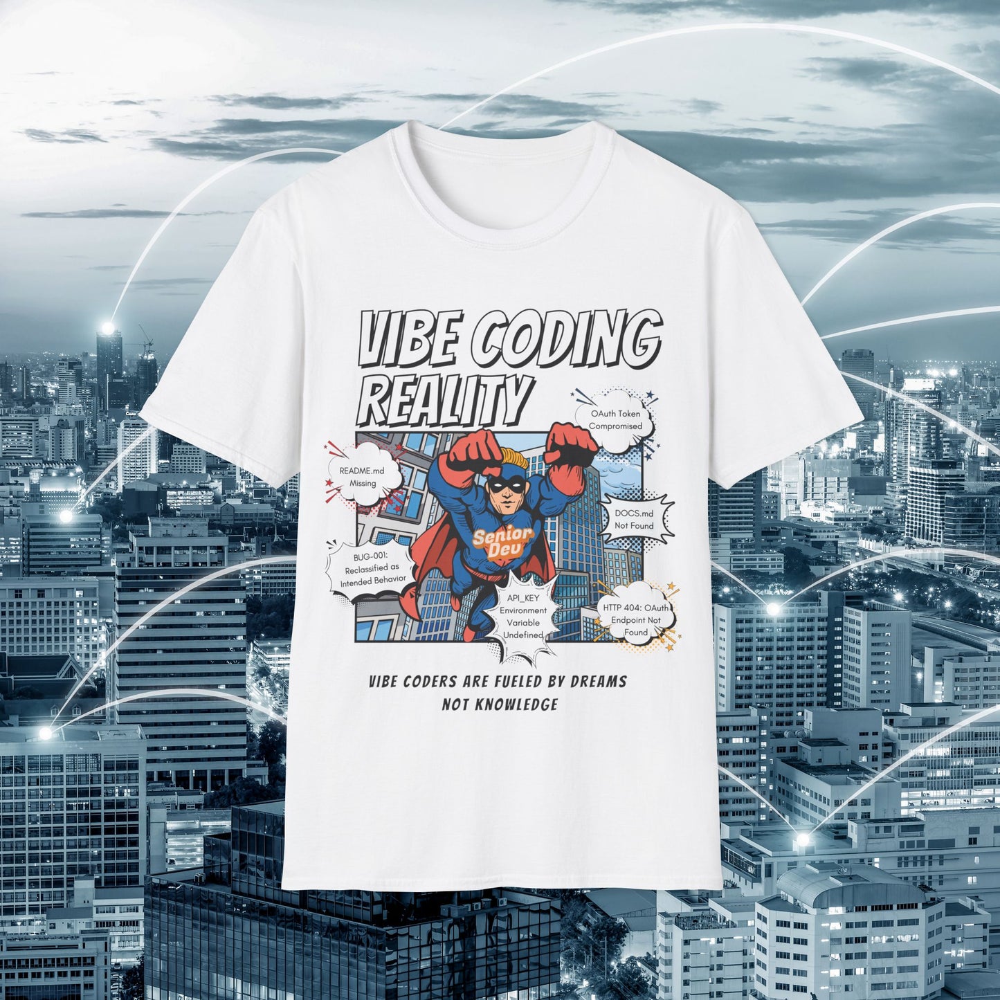 Vibe Coding Reality T-Shirt | Funny Male Senior Dev Super Hero |  Programmer Comic Tee | Vibe Coders are Fueled by Dreams