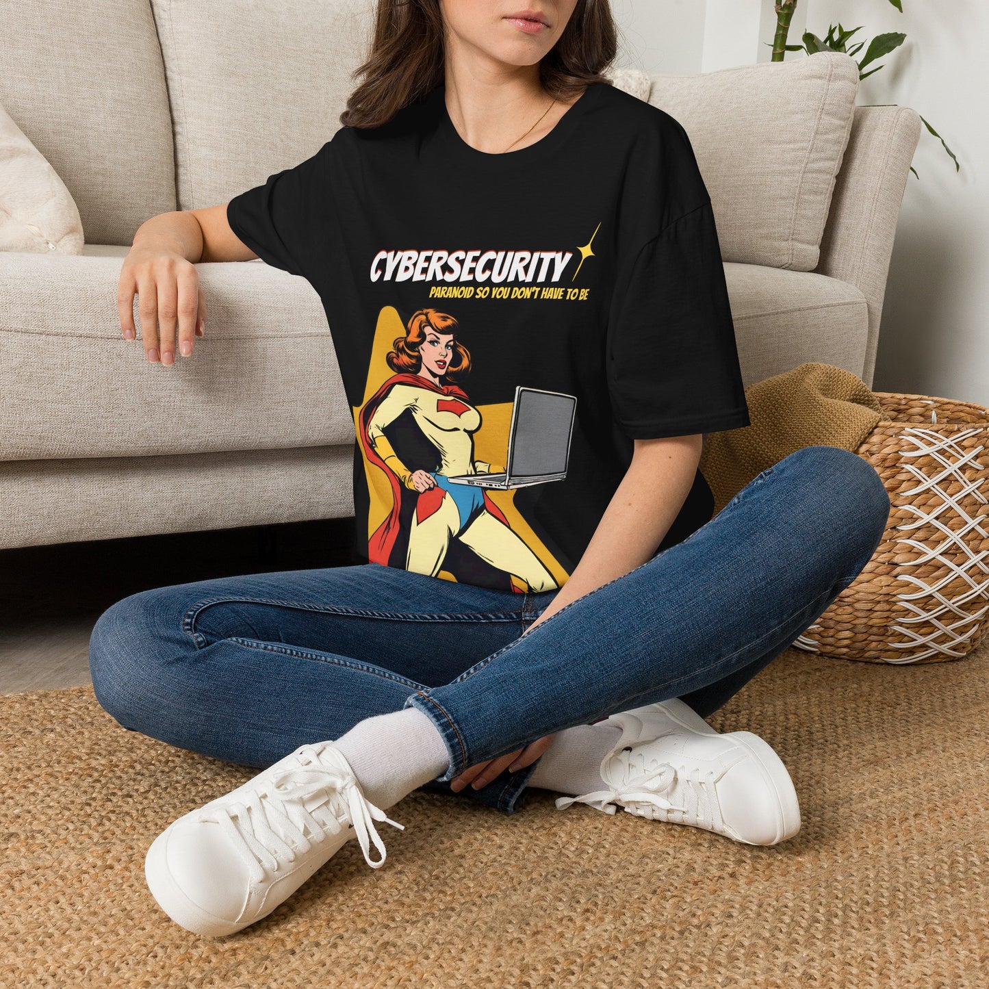 Cybersecurity Retro Comic T‑Shirt | "Paranoid So You Don’t Have To Be" | Female Superhero | Women in STEM shirt
