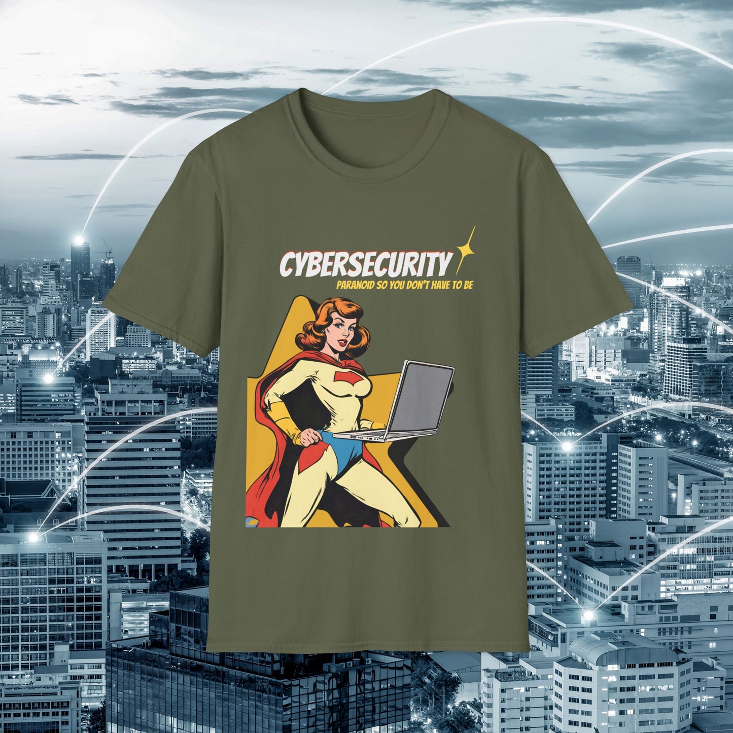 Cybersecurity Retro Comic T‑Shirt | "Paranoid So You Don’t Have To Be" | Female Superhero | Women in STEM shirt