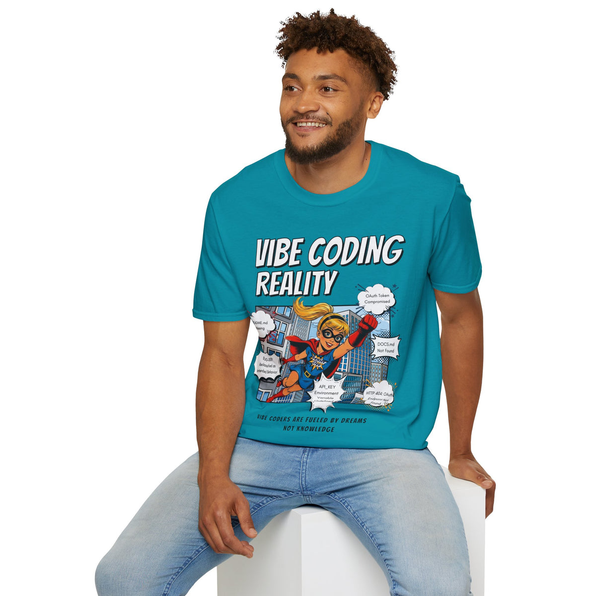Vibe Coding Reality T-Shirt | Funny Female Senior Dev Super Hero |  Programmer Comic Tee | Vibe Coders are Fueled by Dreams