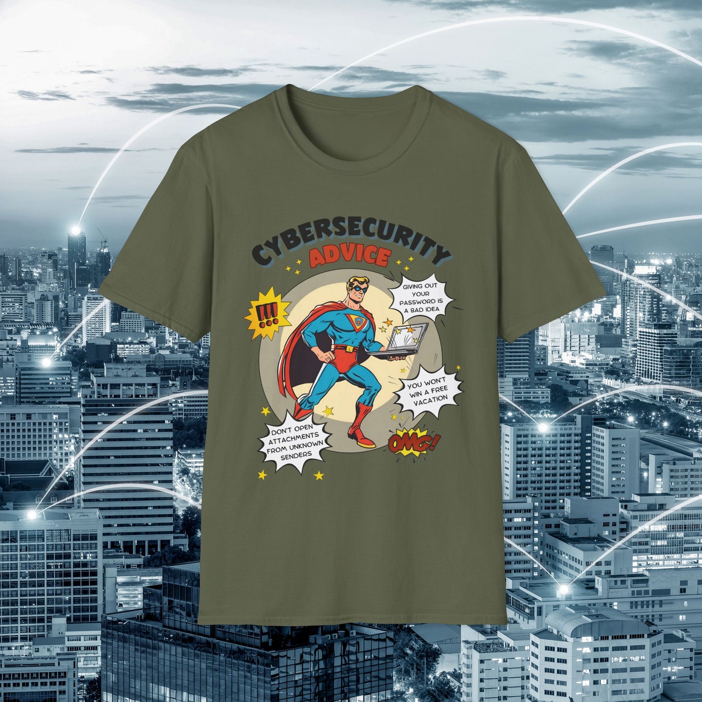 Men in stem Superhero shirt | Male Cybersecurity Advice | Vintage comic style
