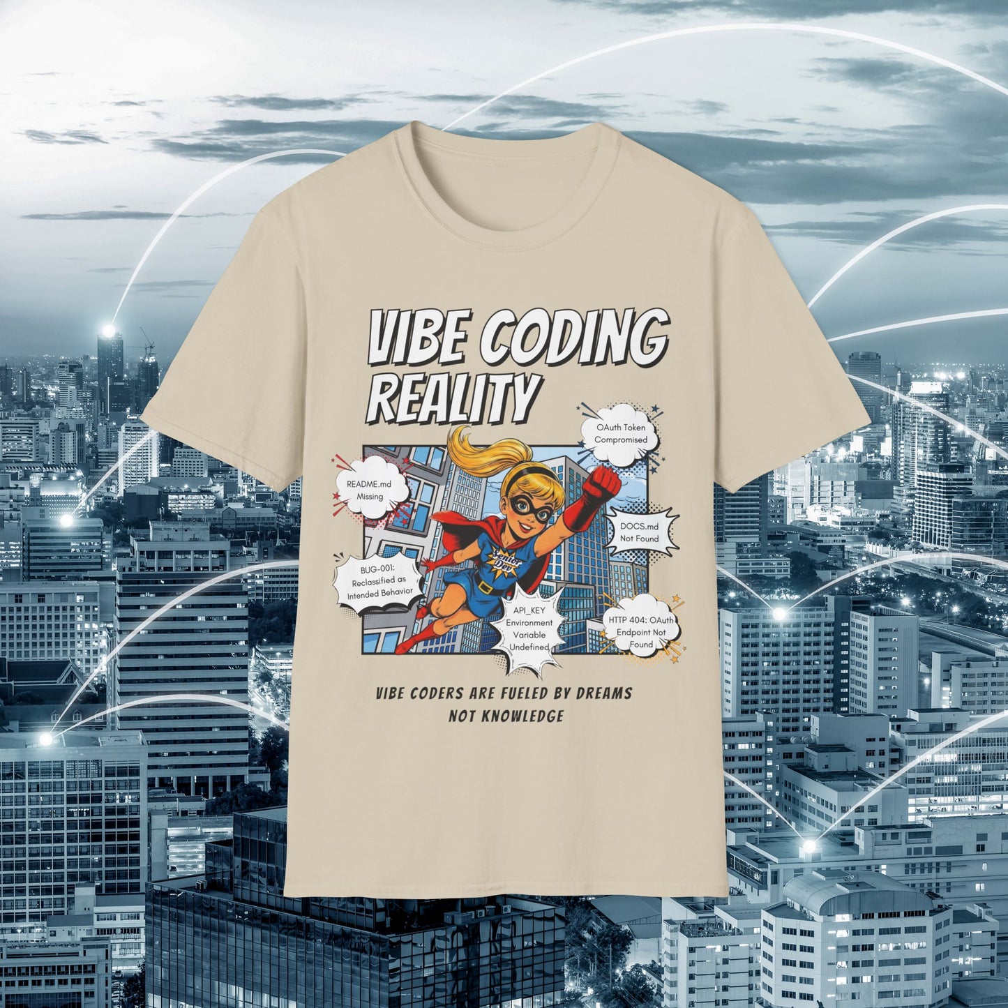 Vibe Coding Reality T-Shirt | Funny Female Senior Dev Super Hero |  Programmer Comic Tee | Vibe Coders are Fueled by Dreams