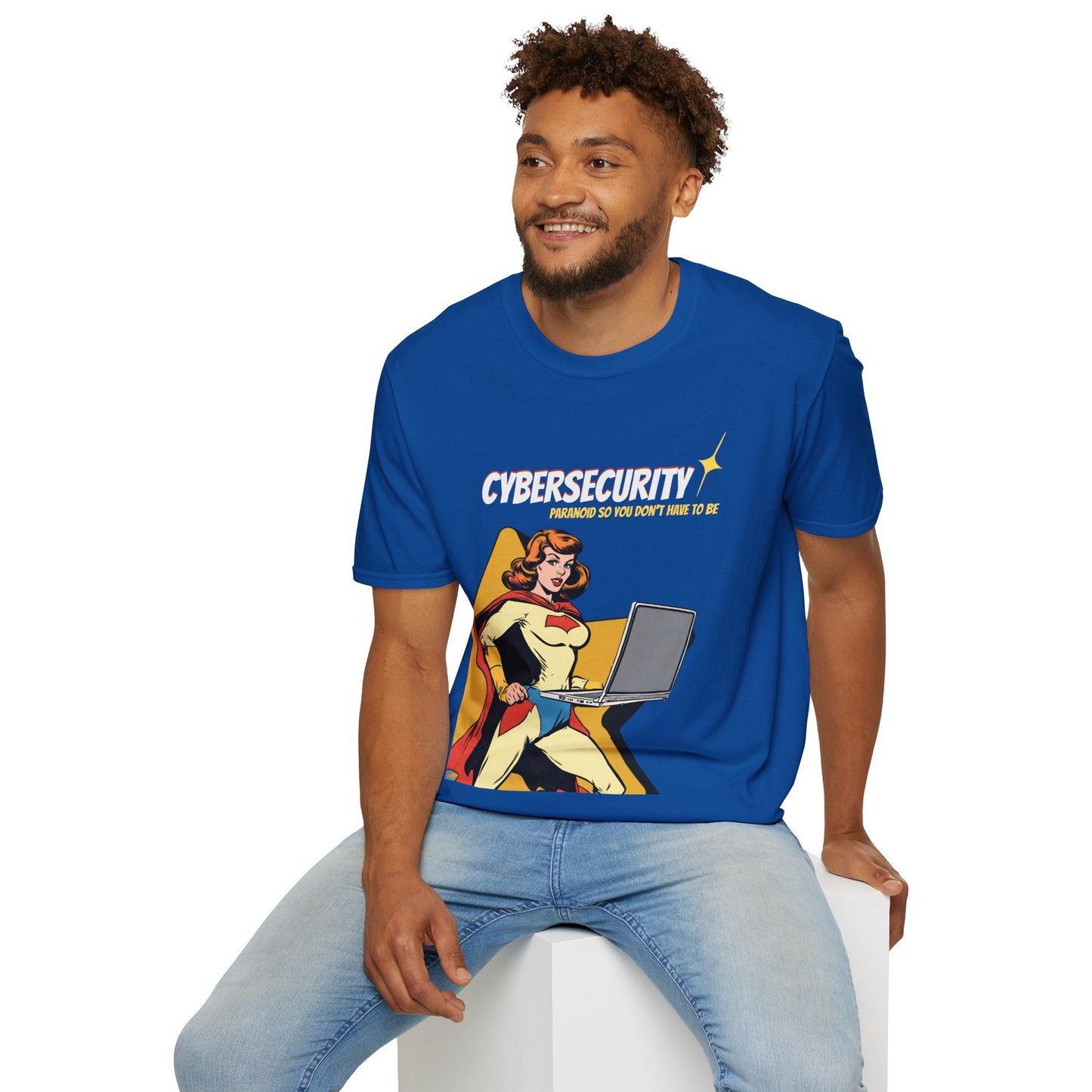 Cybersecurity Retro Comic T‑Shirt | "Paranoid So You Don’t Have To Be" | Female Superhero | Women in STEM shirt