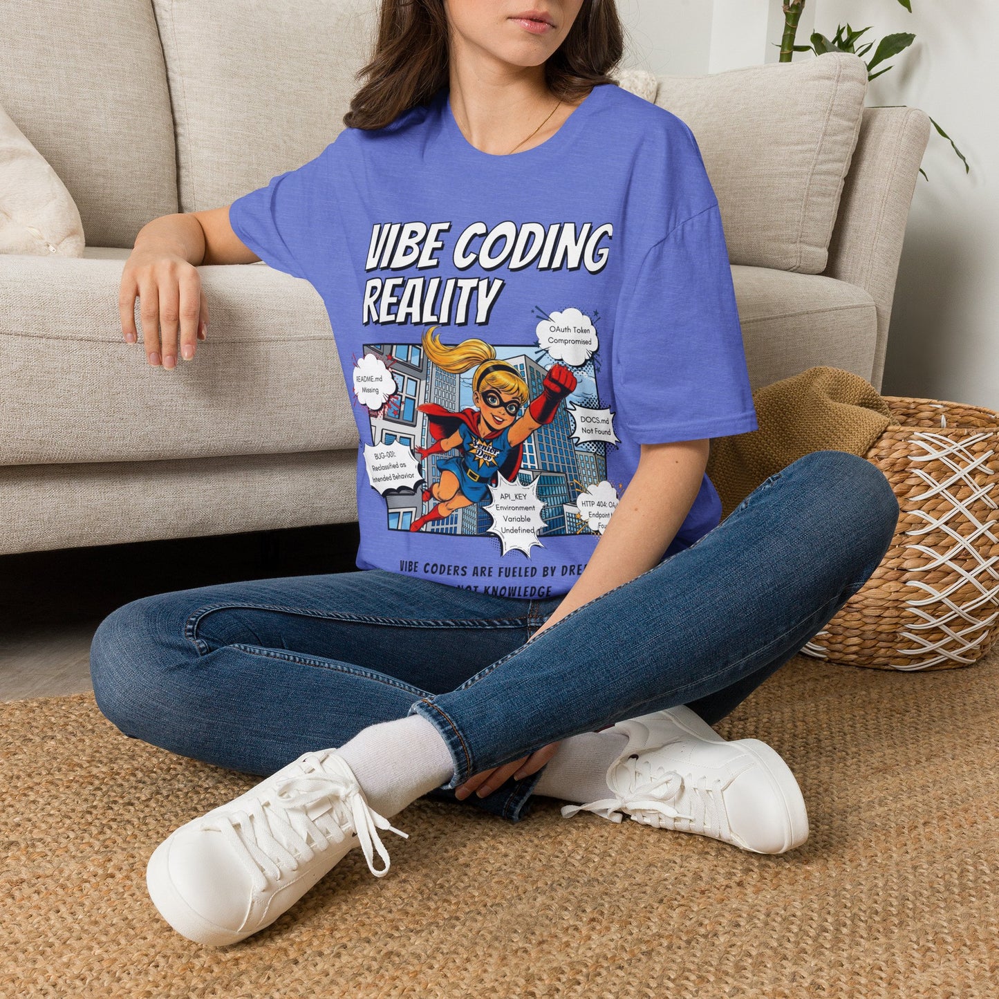 Vibe Coding Reality T-Shirt | Funny Female Senior Dev Super Hero |  Programmer Comic Tee | Vibe Coders are Fueled by Dreams