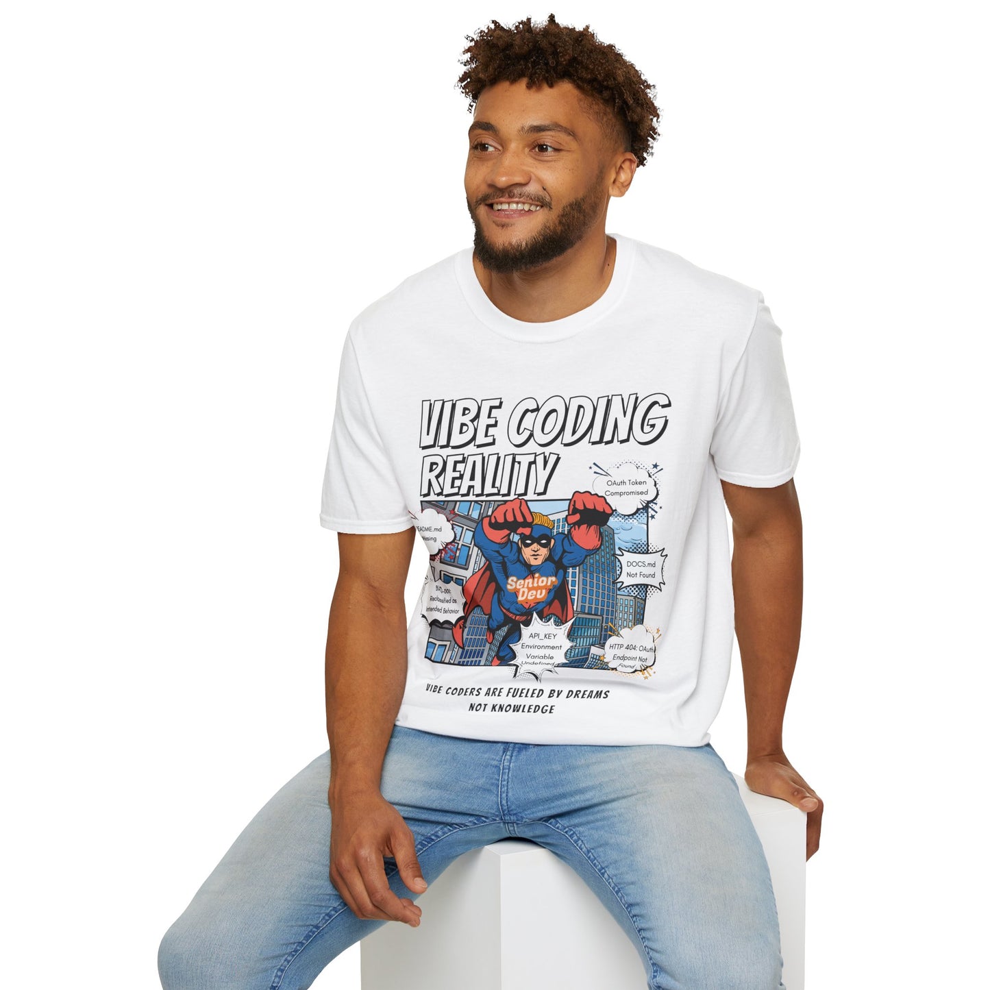 Vibe Coding Reality T-Shirt | Funny Male Senior Dev Super Hero |  Programmer Comic Tee | Vibe Coders are Fueled by Dreams