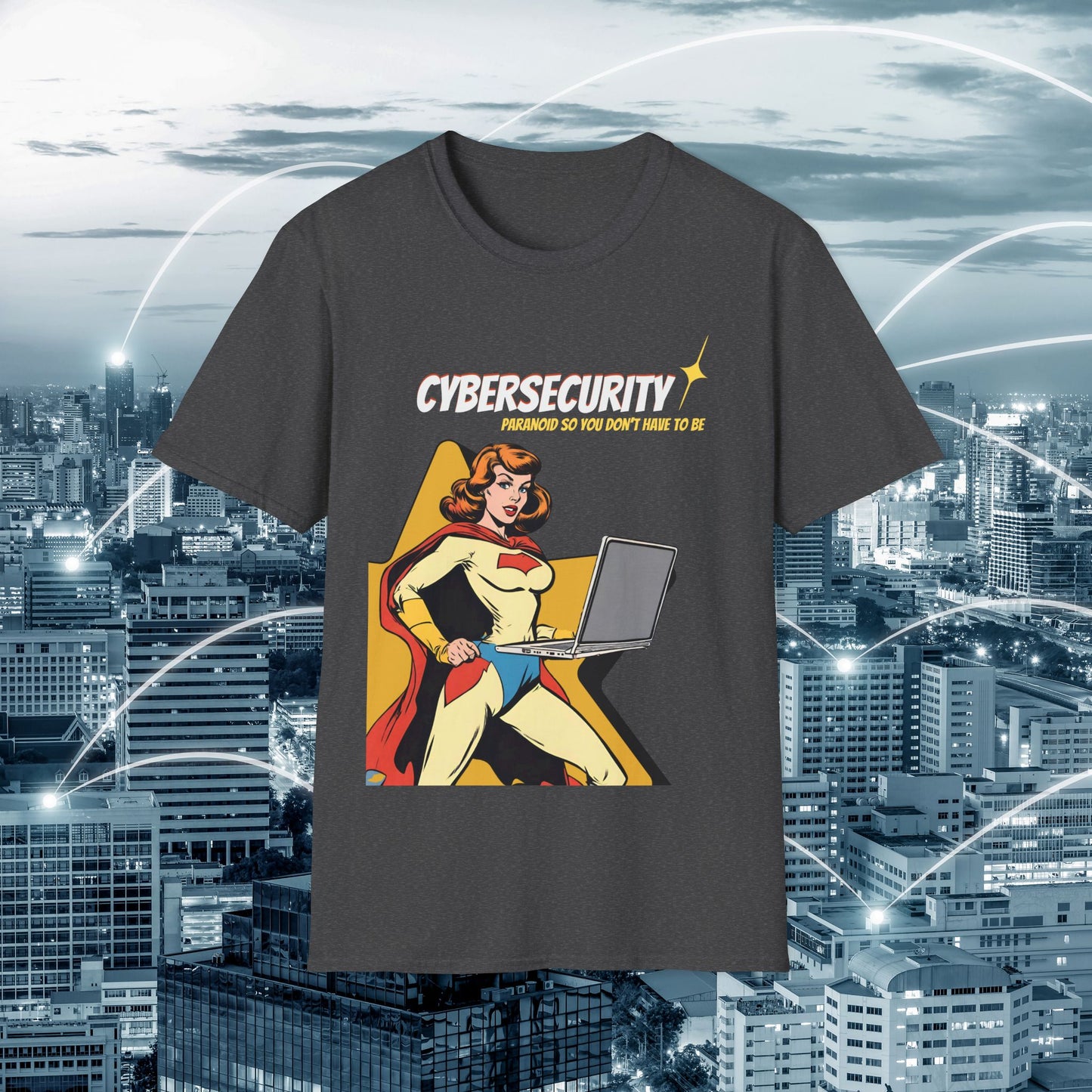 Cybersecurity Retro Comic T‑Shirt | "Paranoid So You Don’t Have To Be" | Female Superhero | Women in STEM shirt