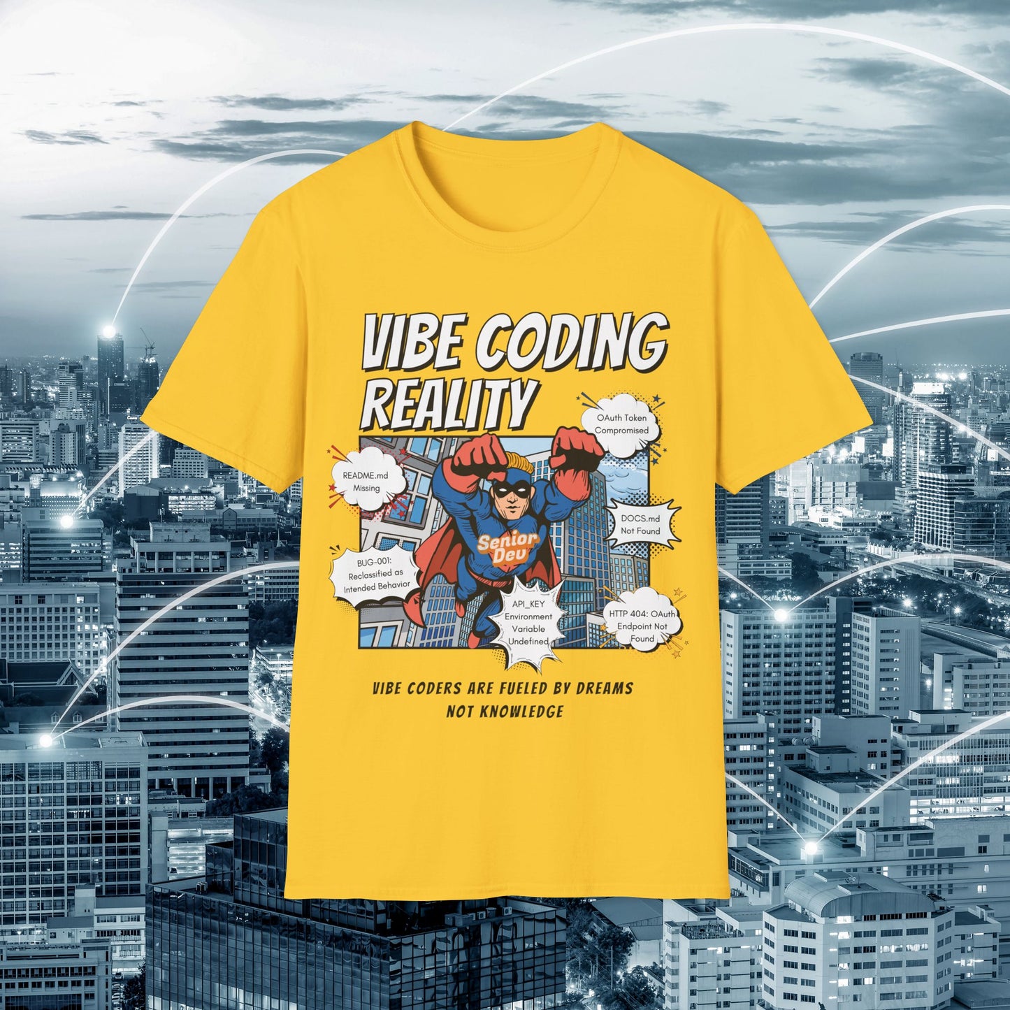 Vibe Coding Reality T-Shirt | Funny Male Senior Dev Super Hero |  Programmer Comic Tee | Vibe Coders are Fueled by Dreams
