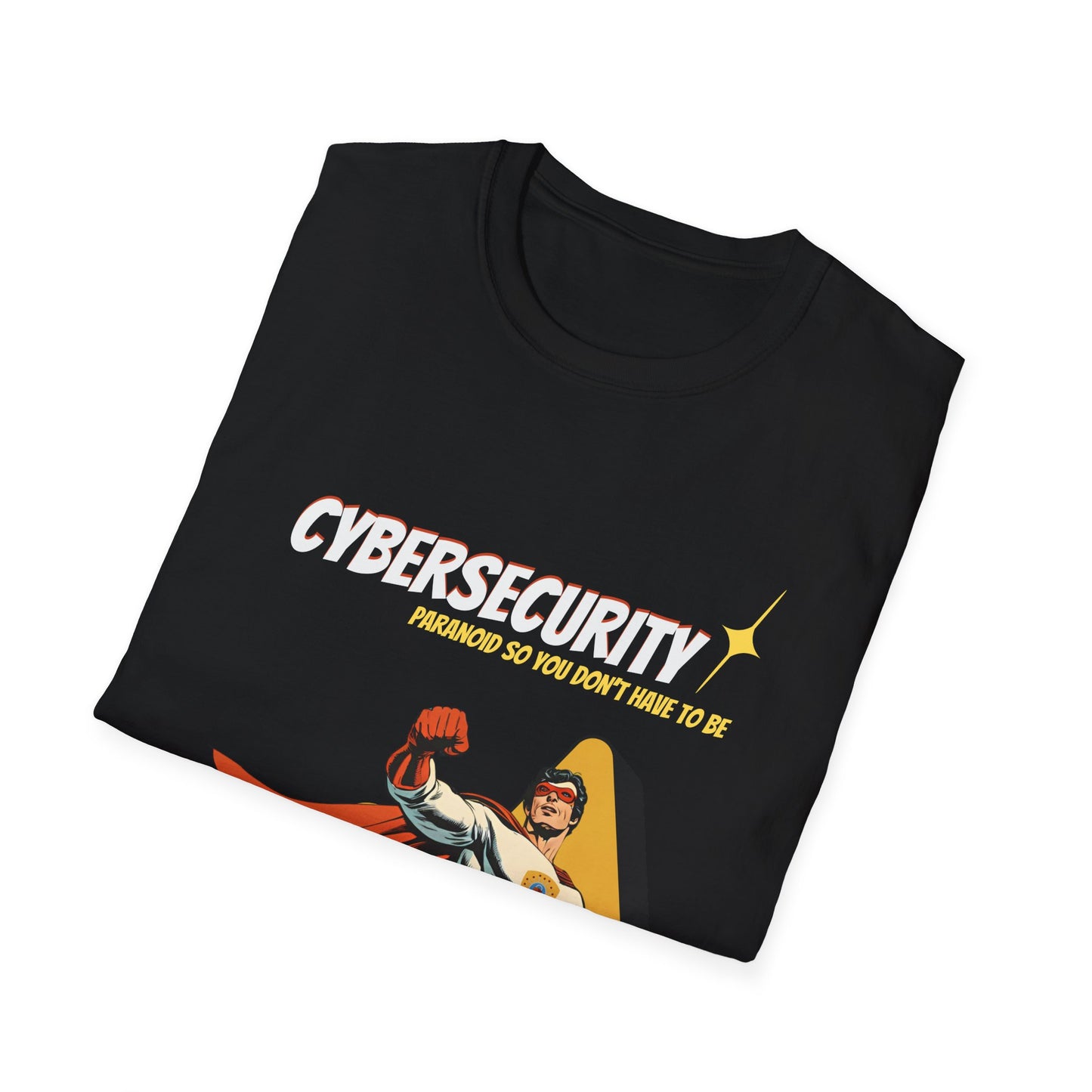 Cybersecurity Retro Comic T‑Shirt | "Paranoid So You Don’t Have To Be" | Male Superhero | Men in STEM shirt