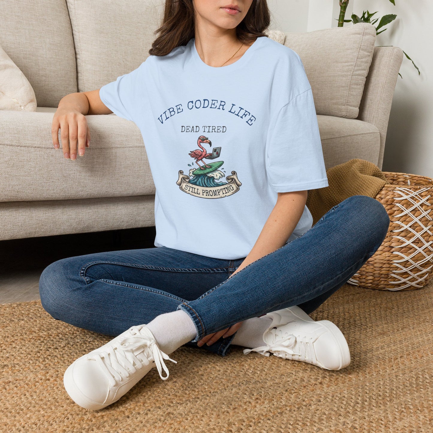 Vibe Coder Life Dead Tired Still Prompting Shirt | Flamingo on Surfboard Vibe Coding | Funny Tech shirt