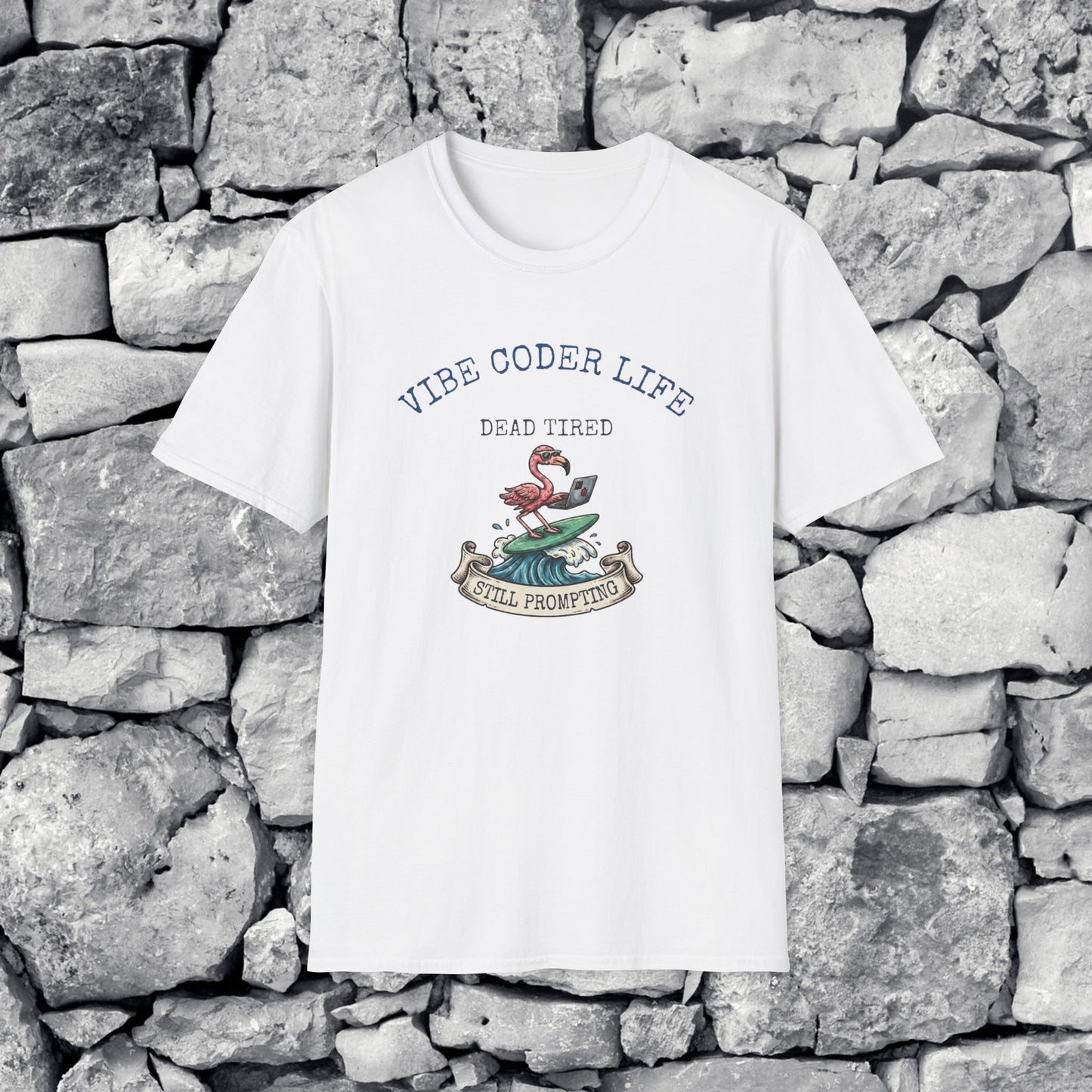 Vibe Coder Life Dead Tired Still Prompting Shirt | Flamingo on Surfboard Vibe Coding | Funny Tech shirt