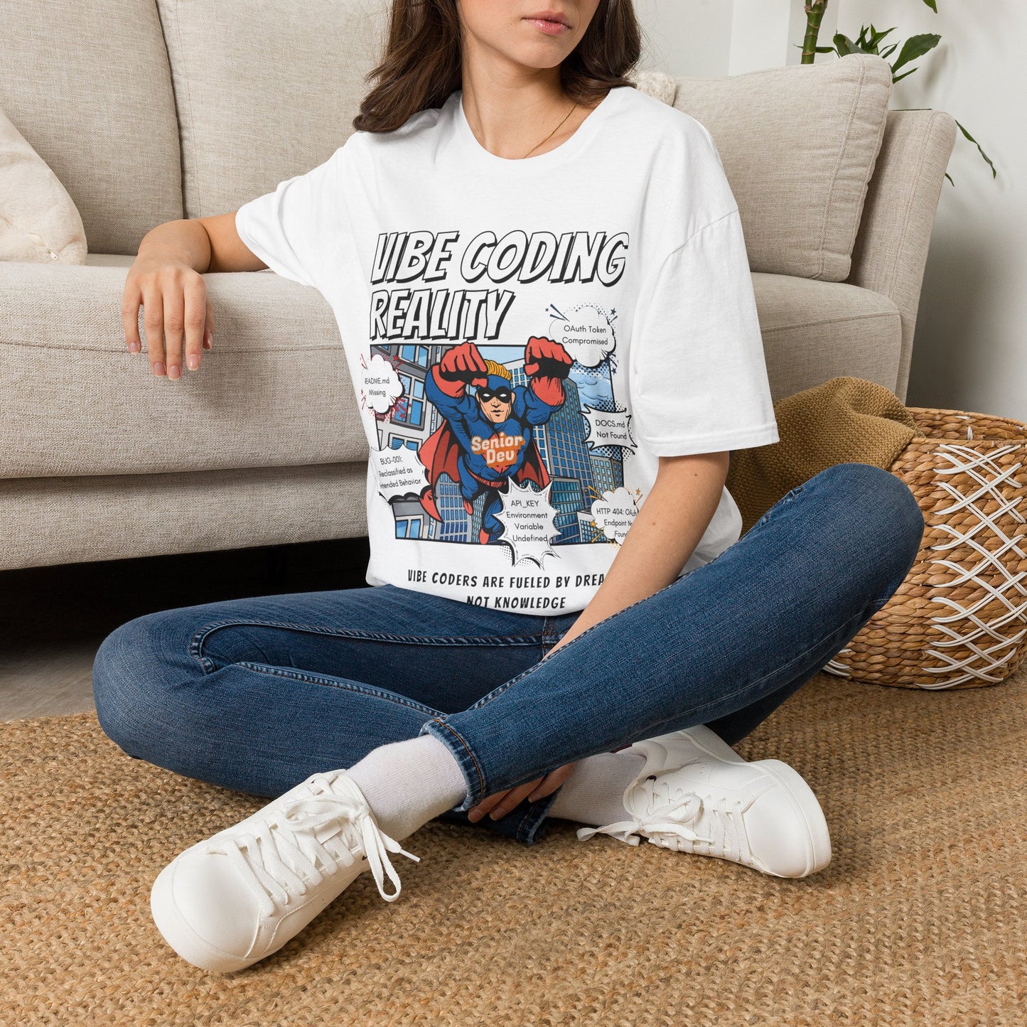 Vibe Coding Reality T-Shirt | Funny Male Senior Dev Super Hero |  Programmer Comic Tee | Vibe Coders are Fueled by Dreams